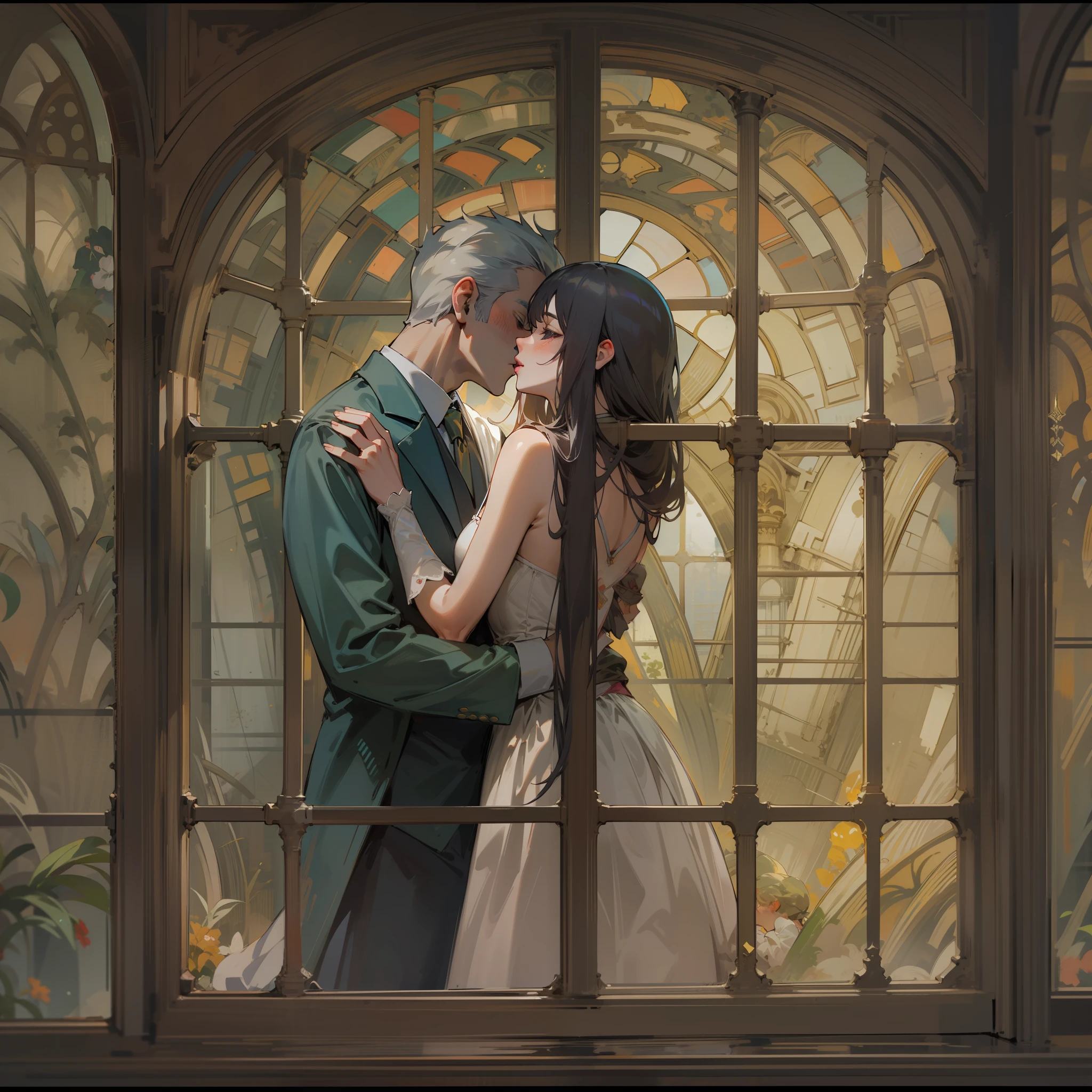 man in his 50's,deacon,Allback,Lady of the Deep Window,Princess,Shameful Girl,embracing each other,the kiss