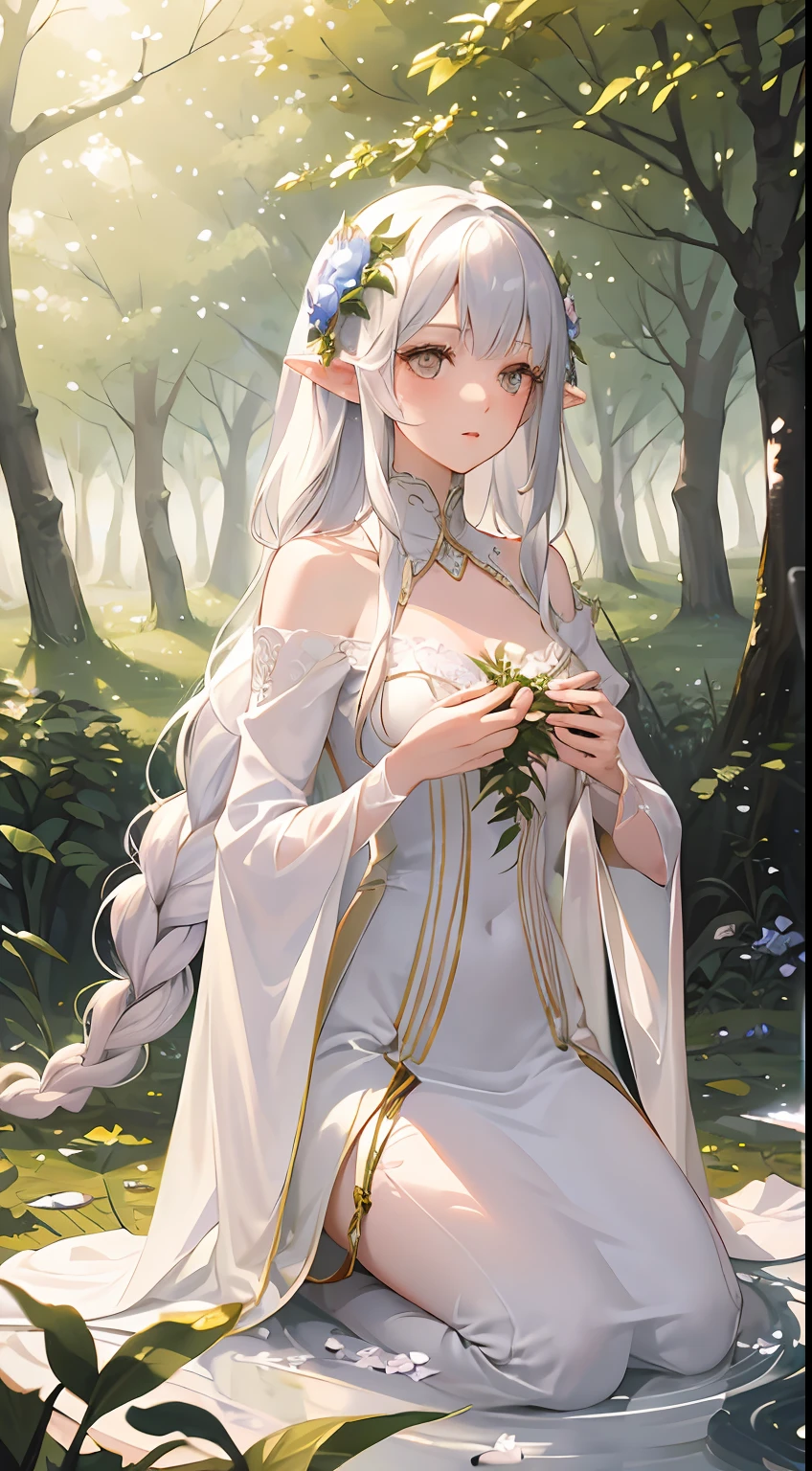 Beautiful and dreamy,Elven Maiden,long white hair,lacy white dress,Good figure,ln the forest,leafs,Rosa flowers,Soft light effects,Detail portrayal,centered composition,light toned,Low contrast,high-definition picture quality