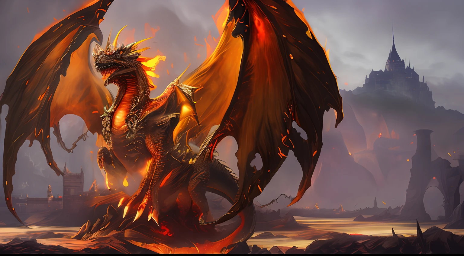 A demon dragon breathing fire in front of the castle, deathwing, colossal dragon in background,Alduin Castle, , epic dragon, guildwar artwork, colossal dragon as background, ''dragon breathing fire, dragon made out of molten lava, dragon breathing fire, the devil in hell as a dragon, fire flaming dragon serpent, Dragon Knight