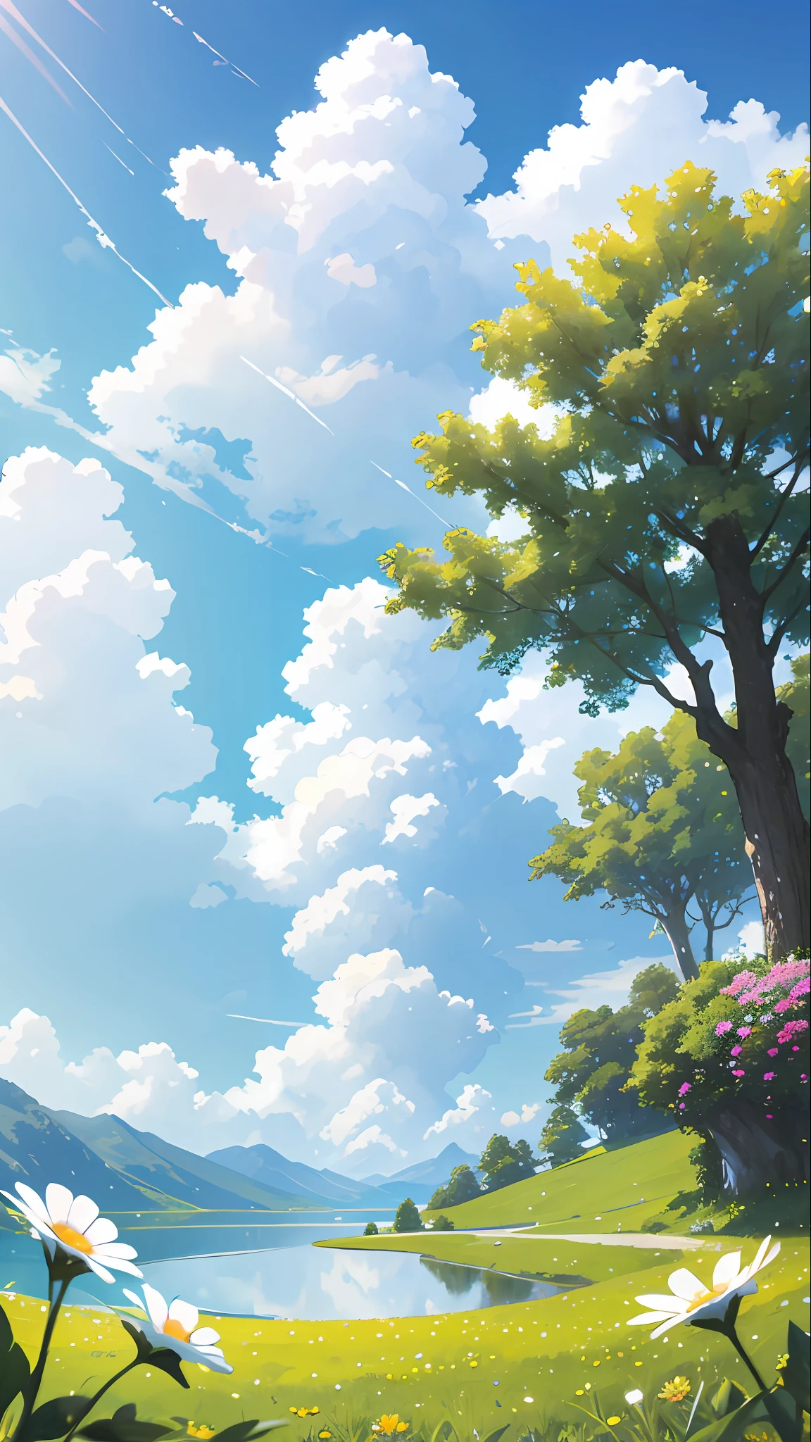 Summer, meadows, a few small flowers, clear lakes, heaven, big clouds, blue sky, hot weather, HD details, surdetails, cinematic, surrealism, soft light, deep field focus bokeh, distant vistas are snowy mountains, ray tracing and surrealism. --v6