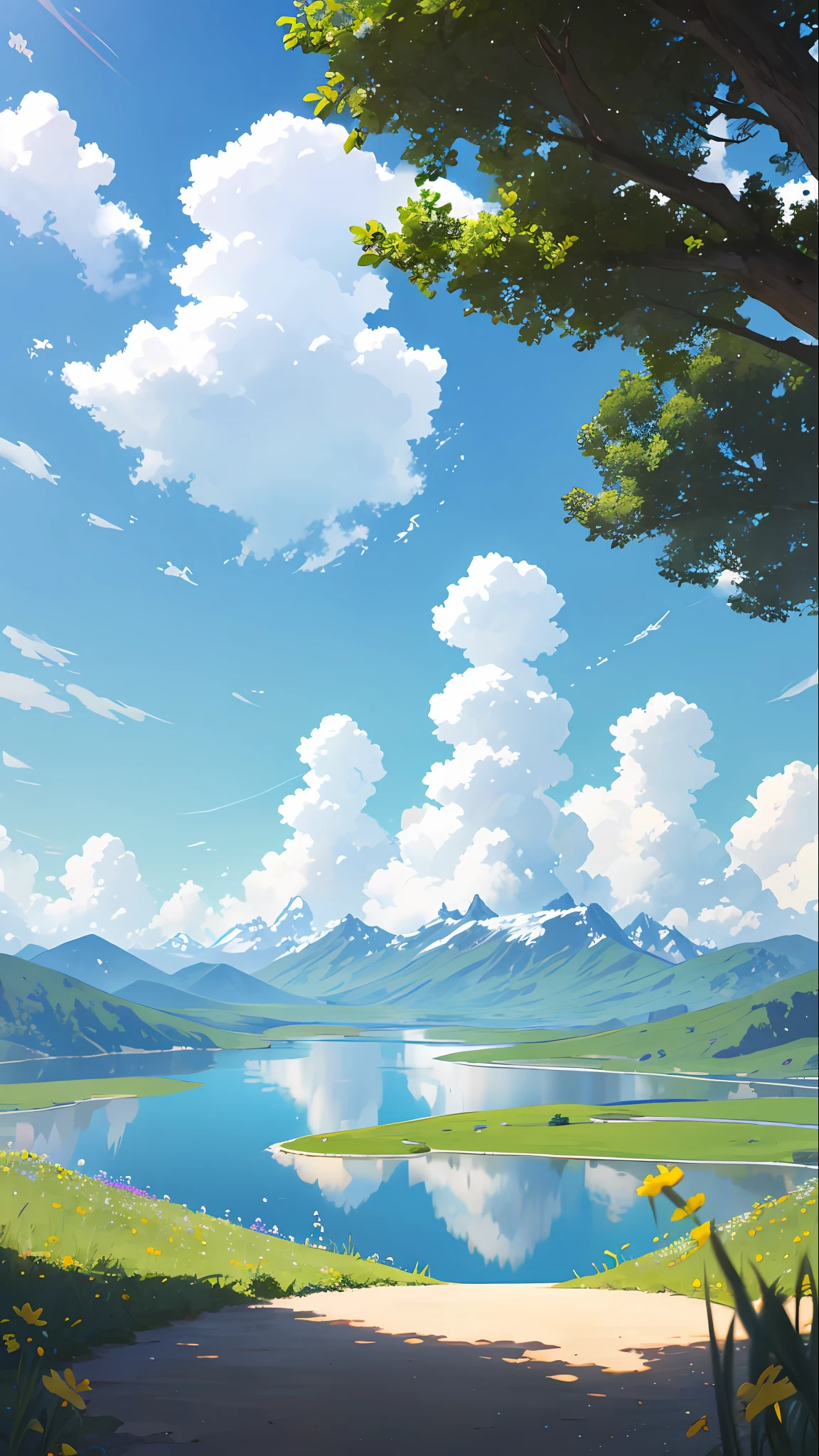 Summer, meadows, a few small flowers, clear lakes, heaven, big clouds, blue sky, hot weather, HD details, surdetails, cinematic, surrealism, soft light, deep field focus bokeh, distant vistas are snowy mountains, ray tracing and surrealism. --v6