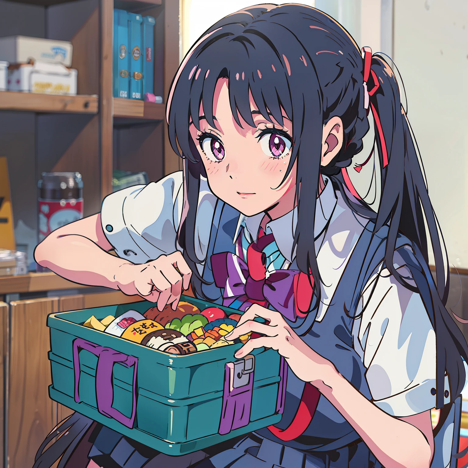 Long dark purple hair tied with black leather bands Red pupils Blushing 17-year-old girl wearing a blue and white mixed color school uniform with a cute bento box in her hand