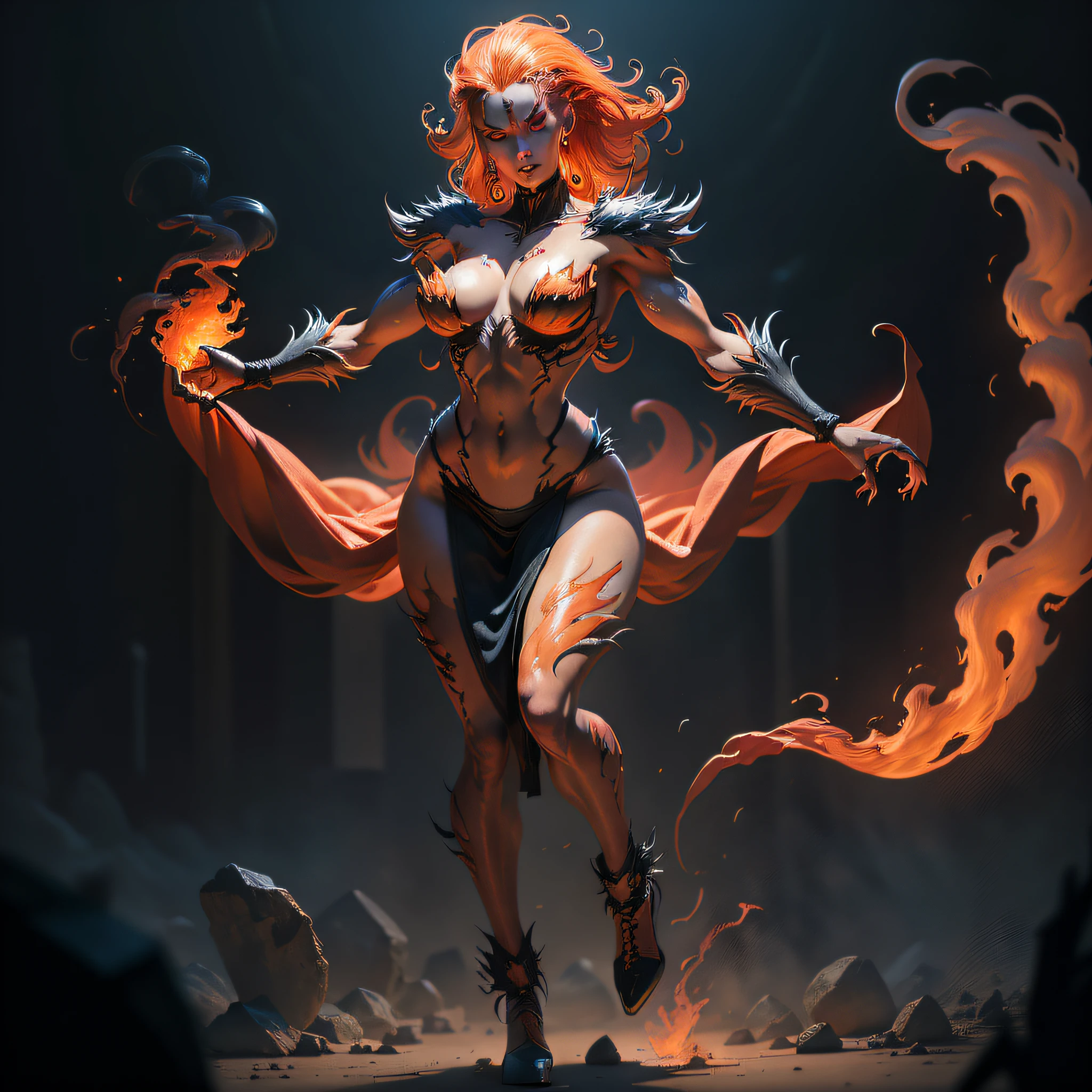 "Astonishingly beautiful female demon with mesmerizing fiery eyes, radiating an aura of terror."