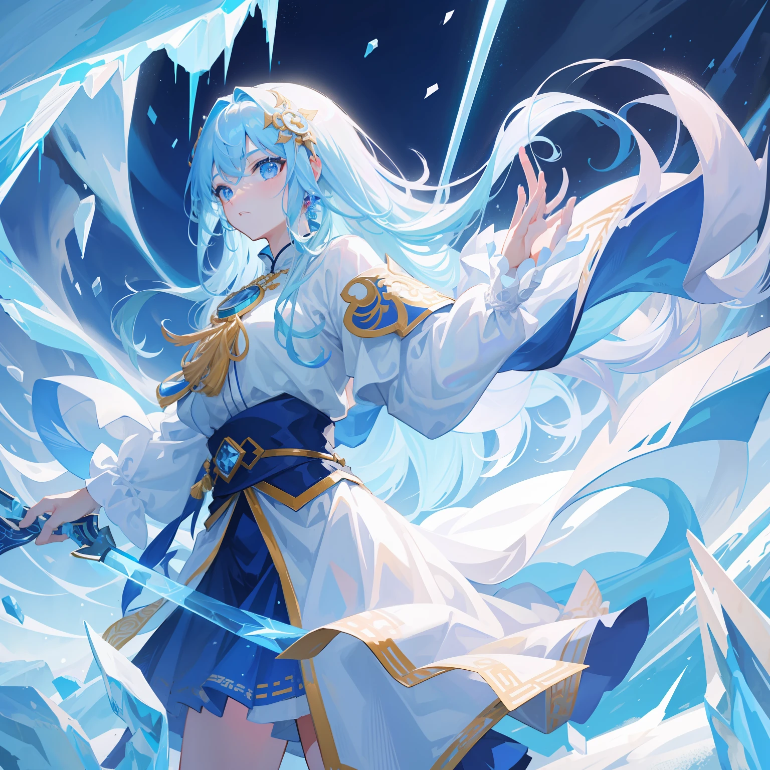 （tmasterpiece：1.2），best qualityer，best detail，Mythological elements，The background is magnificent，Ice，Ice giants，Heavy snow is falling，Continuous glaciers，Confident girl，Long ice blue hair，Holding a precious sword，Wear traditional Chinese luxury clothing，Perfect hands，Normal fingers