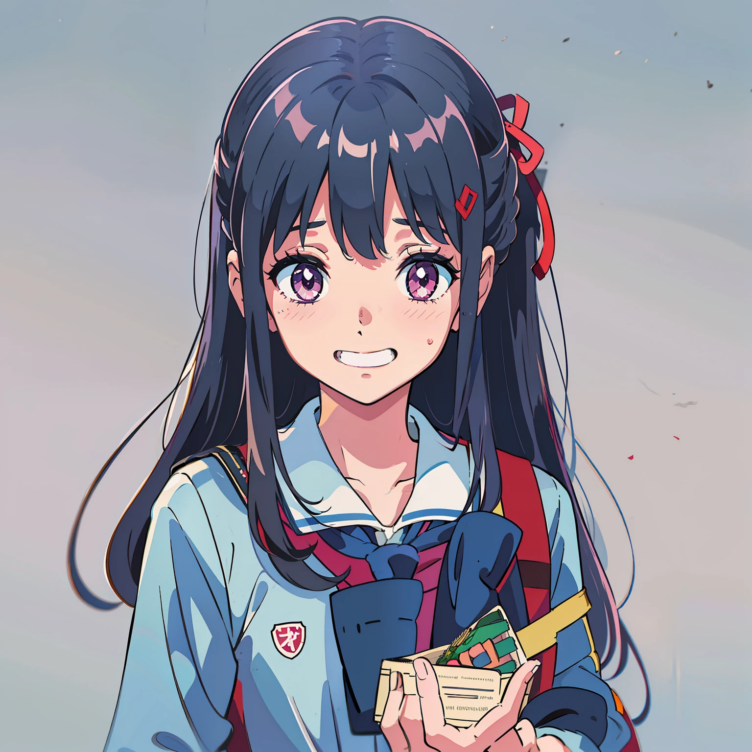 Long dark purple hair tied with black leather bands Red pupils Blushing 17-year-old girl wearing a blue and white mixed color school uniform with a cute bento box in her hand