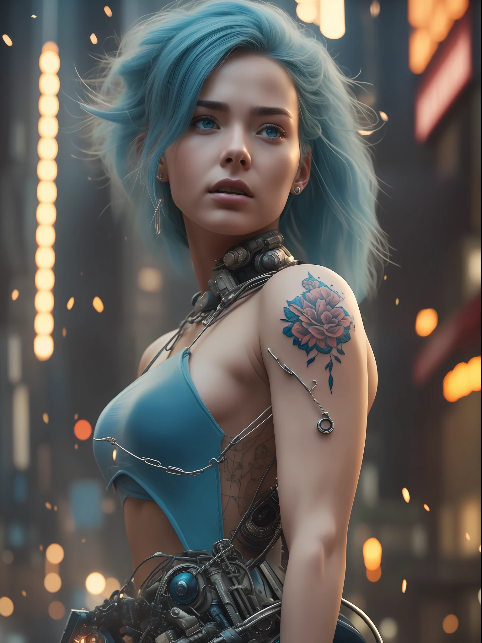 Award-winning photo from the waist up, blue-haired woman showing her face, alone, from the torso up, with cybernetic enhancements with tattoo of magical symbols, in front of cyberpunk buildings, vibrant, photorealistic, hyperrealism, strong impressionist painting style, 1,618, elegant, ethereal, intricate, elaborate, hyper-realism, hyper-detailed, strong expressiveness and emotionality, cinematic lighting, visual clarity