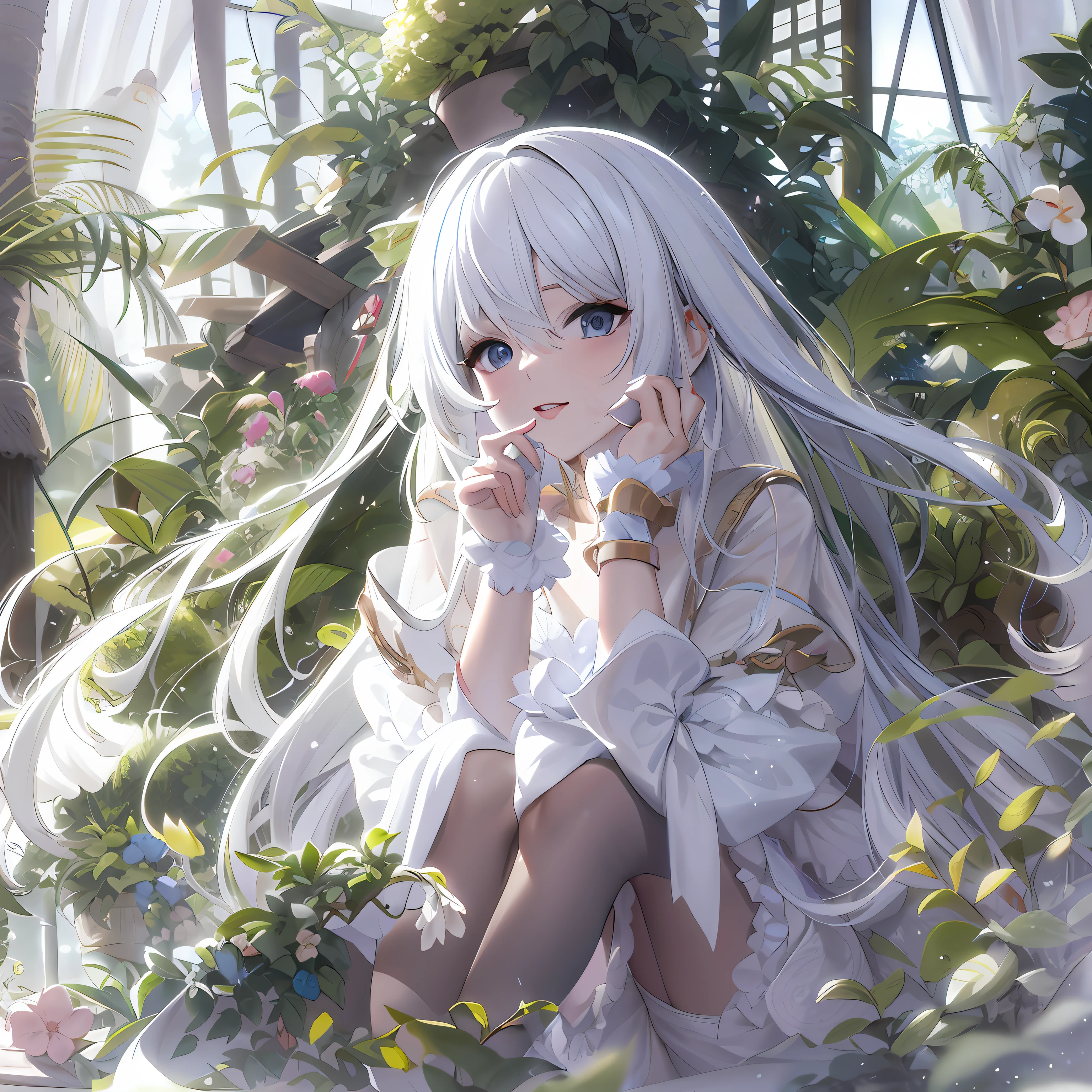 Anime girl with long white hair sitting in the garden, Girl with white hair, beautiful fantasy anime, white-haired god, Guweiz in Pixiv ArtStation, Guweiz on ArtStation Pixiv, ethereal anime, style of anime4 K, Anime art wallpaper 4 K, Anime art wallpaper 4k, Perfect white haired girl, 4K anime wallpaper, Beautiful anime