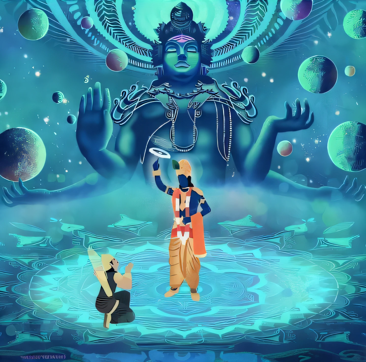 There is a man and a woman in the pond, Dance scene in a flooded temple, a massive celestial giant god, shaman, Sustaining the Universe, Hindu god, Hindu gods, Ritual scene of a submerged temple, God Shiva the Destroyer, Hindu god, Vishnu, Shiva, Indian goddess of wealth, Lord Shiva, An attractive male deity, Hindu art, Hinduism