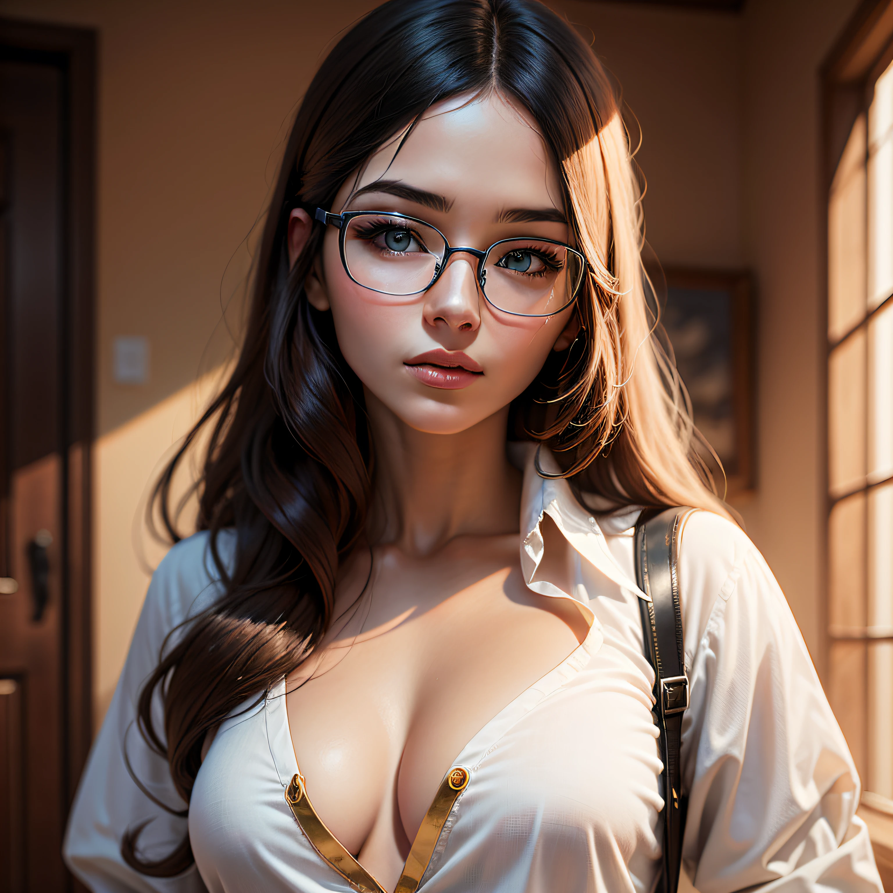 Photorealistic photos+Beautuful Women+White shirt+blacksilk+gold-wire glasses