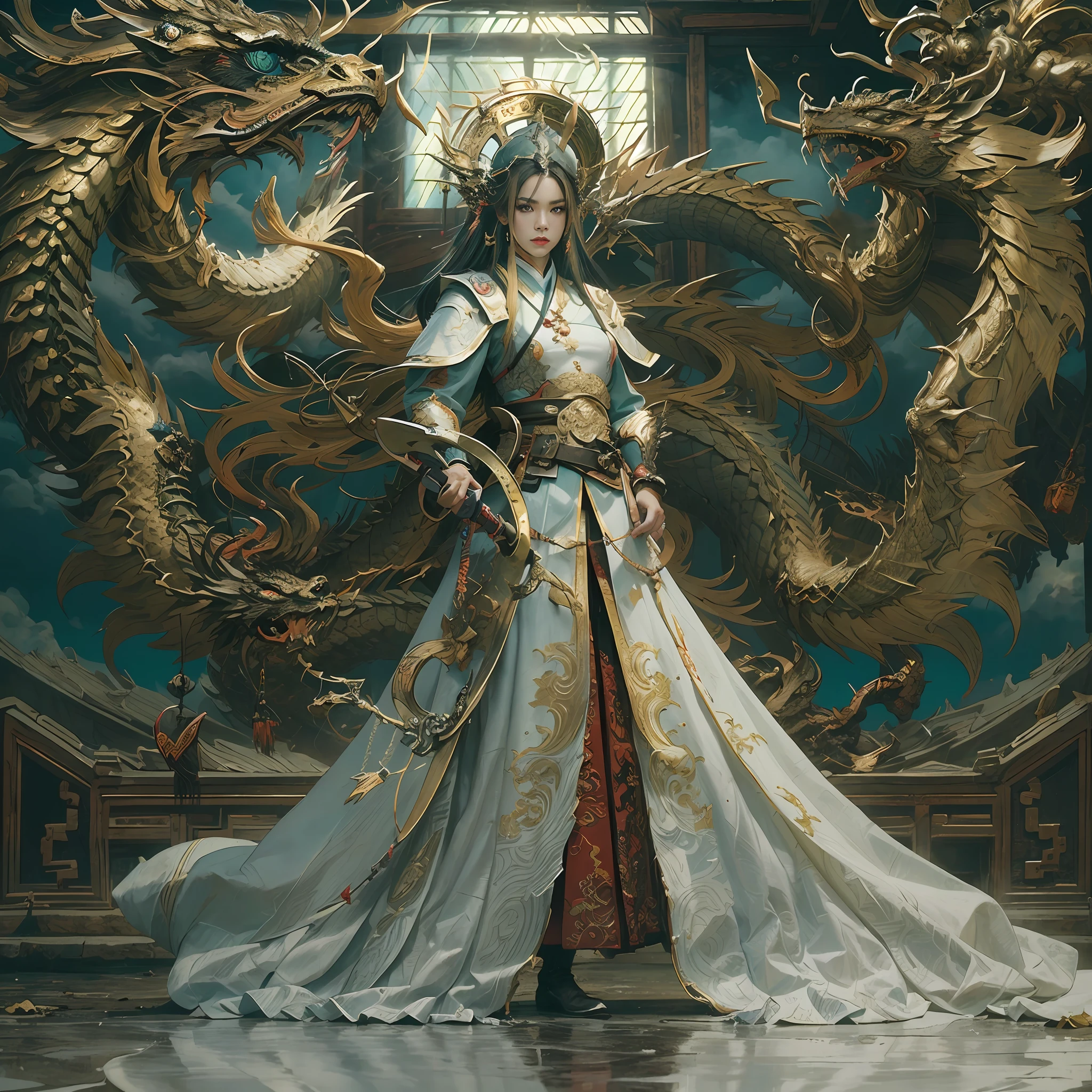 in a panoramic view,sportrait,photorealestic,Army style,China-style,Blue sky, White clouds and steppe,Beautiful Chinese female warrior,Gold glossy armor,Armed belts,Dragon helmet,Wear a Chinese sabre,Fang Tian drew a halberd,Before the ancient city of China,face to the viewer,Perfectcomposition,professinal,Meistwick,commissioned,best qualtiy,color corrected,After fixation,Retouching,Improvement,Epic,Tone-mapping,the detail, highly detailed, digitial painting, art stations, Conceptual map of the long dam, Smoothness, Sharp focus, Beautiful illustration, photore, The light from the back window is backlighted, 动态照明, Mist, 复杂, cinematic grain, professinal, face to the viewer,(Beautiful m3d_woman, Perfect M3D_face,), Volumetriclighting, subsurfacescattering, Good highlights, Good shadows, cinematic ligh