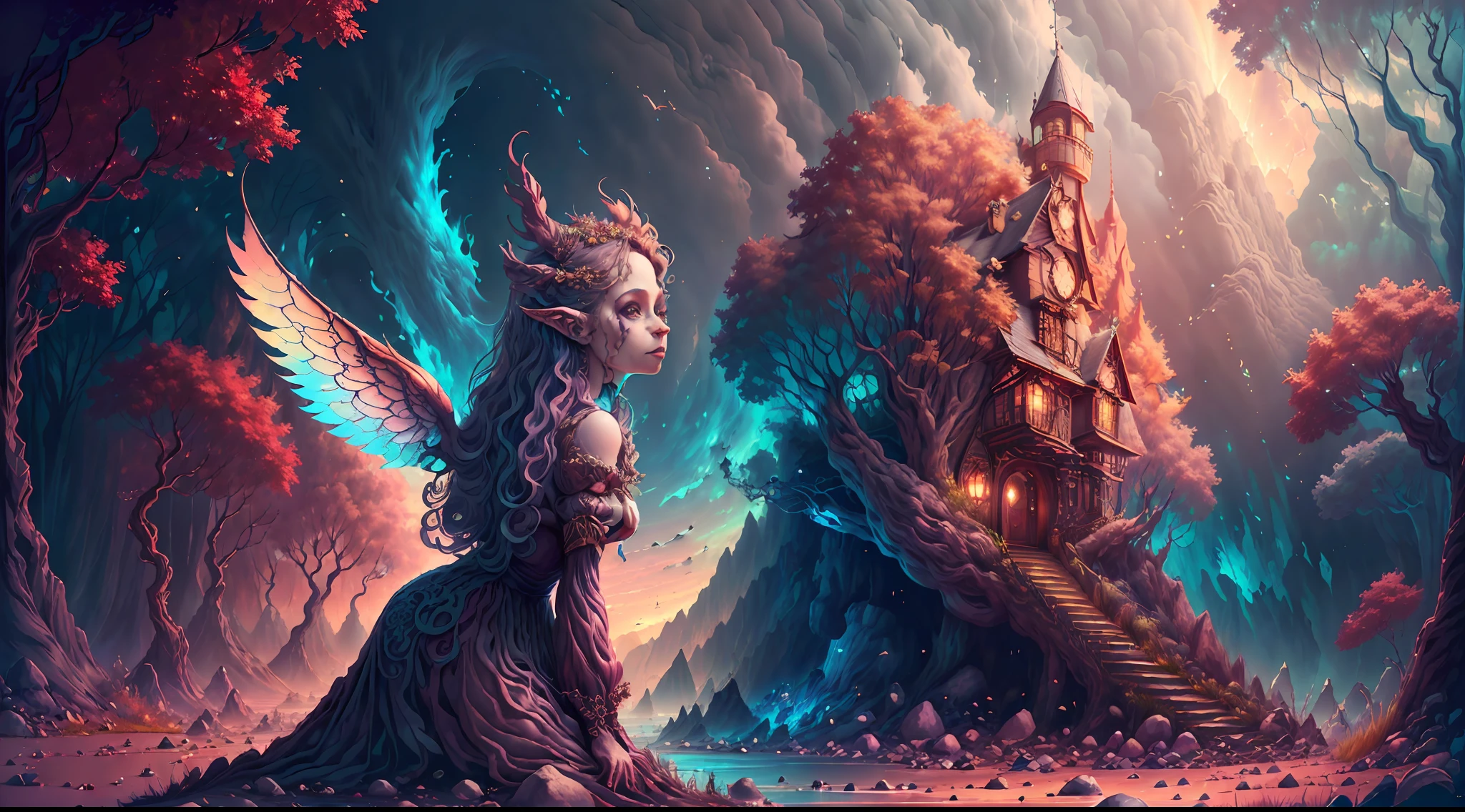 **Imagine an image that encompasses this concept- Subdued Animals Illustrative, creatures, light hearted comical fantasy storytelling Pointed ears are prevalent, and translucent wings make an appearance, this gritty faerie world has more in common with the Fae pirates of than with the pastoral fantasies of most contemporary faerie illustrators. It also has more in common with the style of the Golden Age illustrators than with superb draftsmanship and judicious application of color and texture. Masterful use of texture is one of the aspects of these type of fantasy image that is most appealing. Even in simple pencil drawings, there is a feeling for the visual textures and tactile surfaces of the real world that informs and enlivens the fantasy settings. Within the sub-genre of Victorian painting, there is Golden Age illustration and contemporary fantasy art that is sometimes called faerie art or fairy art. It dwells on those imaginary miniature denizens of woodlands and fields who are often portrayed with pointed ears and gossamer wings. Style features Subdued Animals Illustrative, all of the above -- fantasy00d, Pastels artwork,  landscape of a Mythical [Geneva:Beach house:3]  and Belle poque Red Dwarf, at Sunset, Energetic, 50s Art, Cathode tube, (art by Abram Efimovich Arkhipov:0.8),