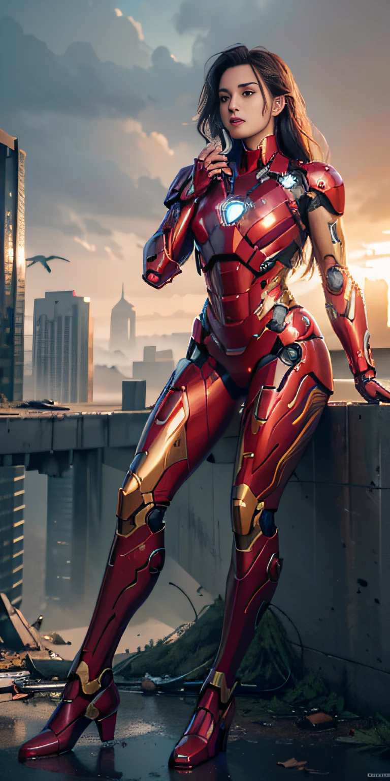 RAW, Masterpiece, Ultra Fine Photo,, Best Quality, Ultra High Resolution, Photorealistic, Sunlight, Full Body Portrait, Stunningly Beautiful,, Dynamic Poses, Delicate Face, Vibrant Eyes, (Side View) , she is wearing a futuristic Iron Man mech, red and gold color scheme, highly detailed abandoned warehouse background, detailed face, detailed and complex busy background, messy, gorgeous, milky white, high detailed skin, realistic skin details, visible pores , sharp focus, volumetric fog, 8k uhd, dslr camera, high quality, film grain, fair skin, photorealism, lomography, sprawling metropolis in futuristic dystopia, view from below, translucent