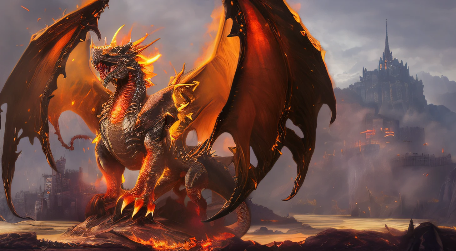 A demon dragon breathing fire in front of the castle, deathwing, colossal dragon in background，Alduin Castle, , epic dragon, guildwar artwork, colossal dragon as background, ''dragon breathing fire, dragon made out of molten lava, dragon breathing fire, the devil in hell as a dragon, fire flaming dragon serpent, Dragon Knight