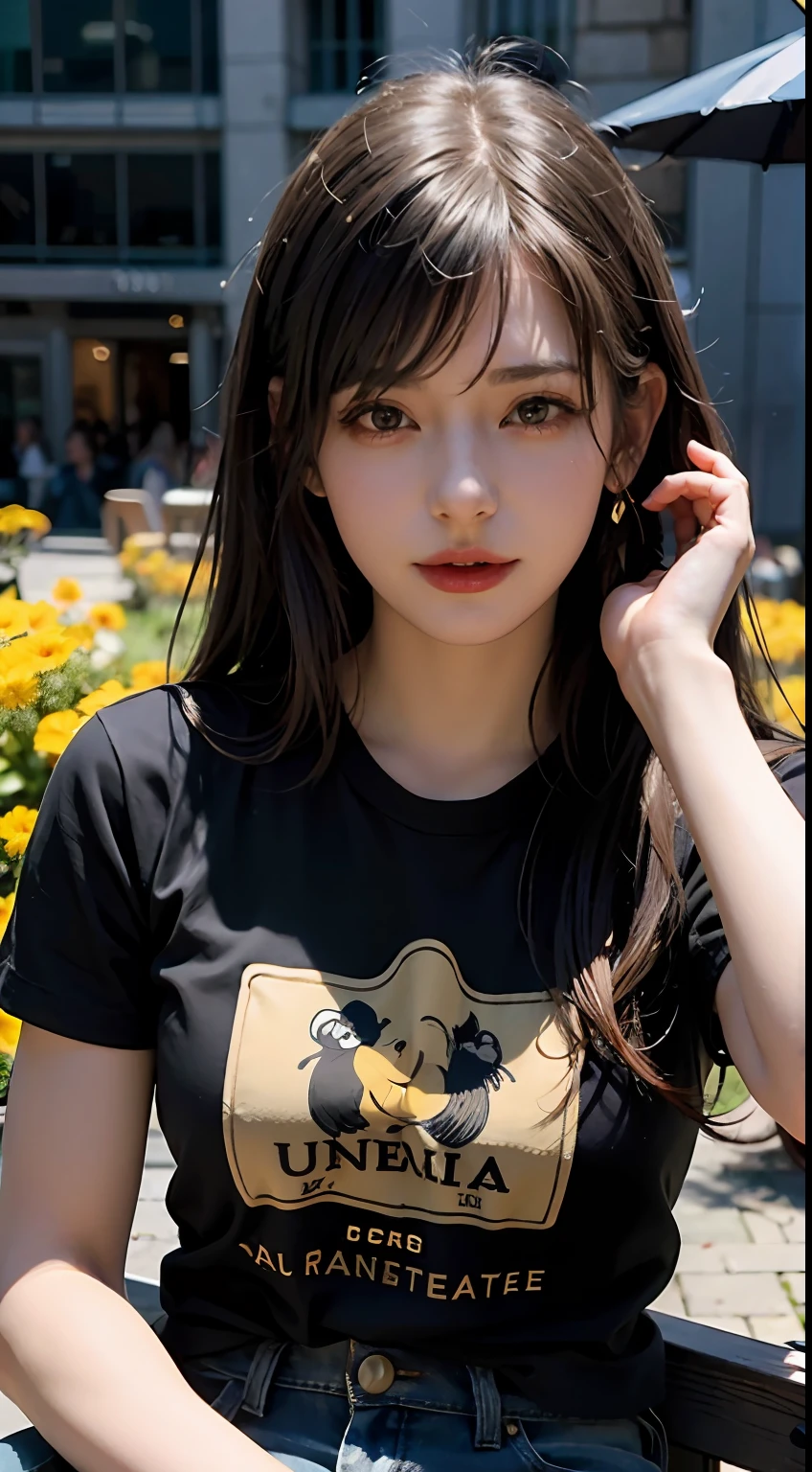 (8k, best quality, masterpiece:1.2), (realistic, photo-realistic:1.37), ultra-detailed,
A detailed portrait of Tifa Lockhart from Final Fantasy VII Remake sitting at a detailed cafe in the cityscape on a date, looking cute and solo with beautiful detailed eyes and a nose blush. She was wearing a black shirt with the words erigo on it and short jeans. Showing erigo's writing on her t-shirt. Her full body is visible with her head resting on her hand, showcasing her pretty face, low-tied long hair, and lips. The scene is illuminated with professional lighting, photon mapping, and radiosity, with Tetsuya Nomura Style and a cyber-futuristic feel. The background features yellow flowers and a bokeh effect. Tifa has a small smile and closed mouth.