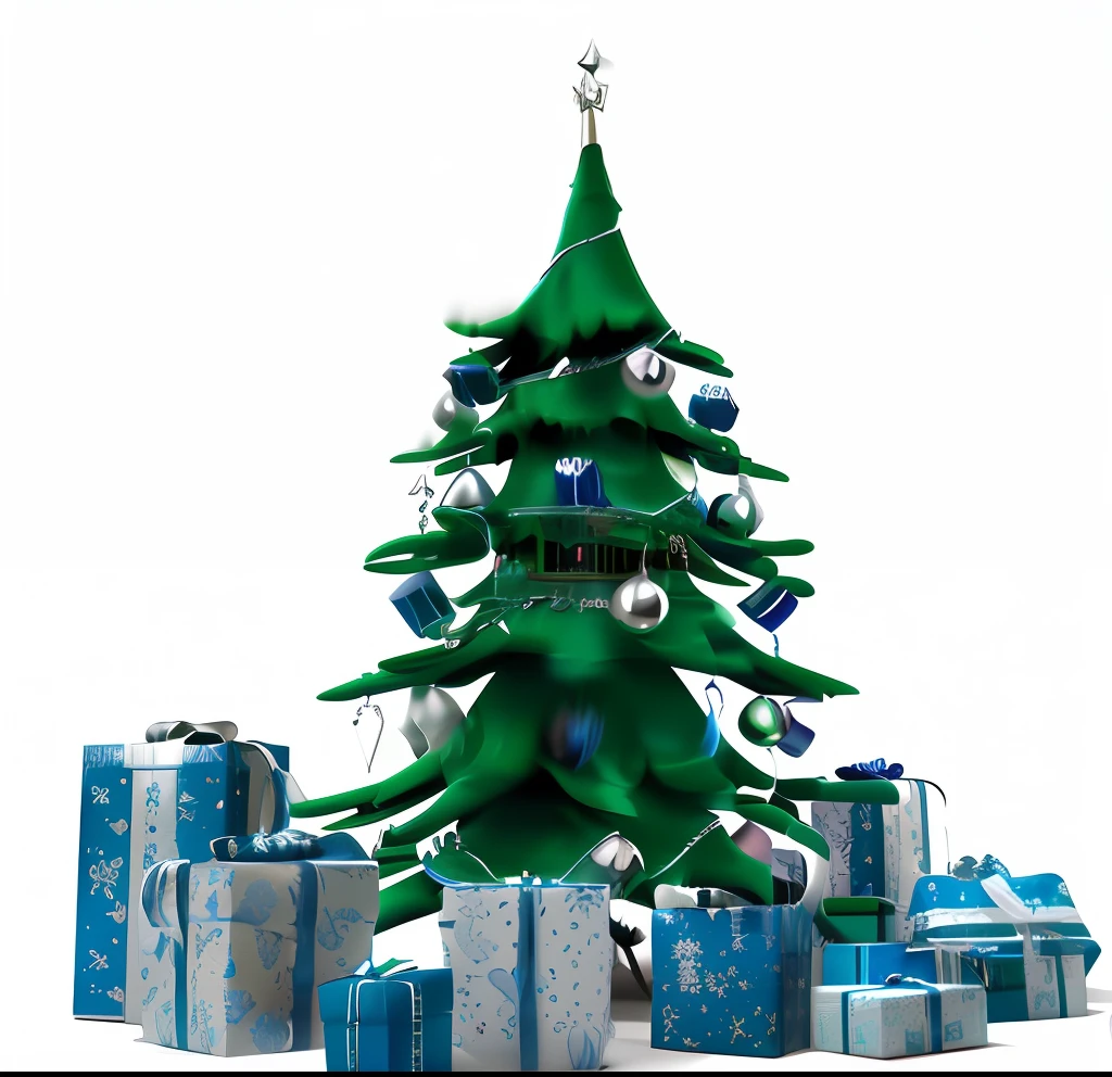 Close-up of Christmas tree,There are gifts around, Shaking Christmas tree, gifts, festivity, Holiday, There are a lot of thin decorations, Christmas, of the tree, Gifts, rendering, isolated on a white background, with 3d render, with 3 d render, Renders, pre-rendered, depicted as a 3 d render, D RENDERING, rendered in cgi, 3 d models