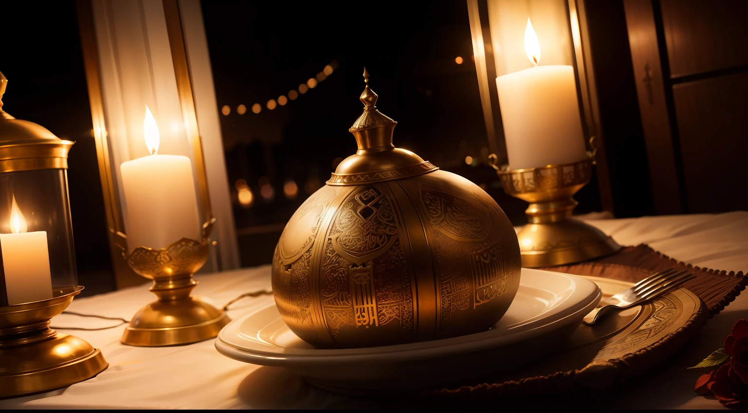 Eid al-Fitr,food,Muslim,arabian night, cozy candlelight, beautiful ambiance, beautiful lit lamps, Evening atmosphere, atmospheric beautiful details,