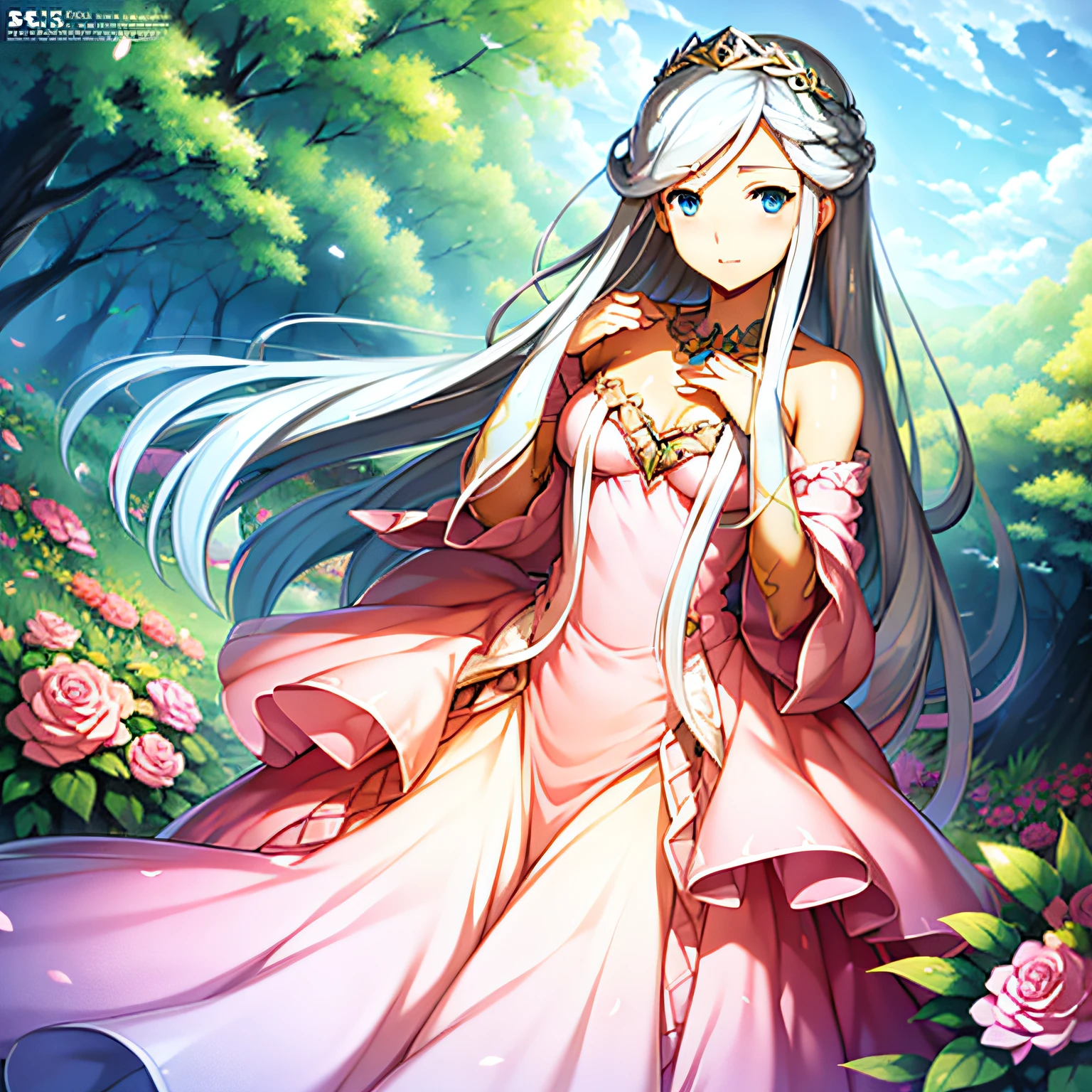 ((Masterpiece)), (((Best quality))), ((Ultra-detailed)), ((illustration)), ((Disheveled hair)), ((frilld)), (1 girl), (Solo),  Bare shoulders，  Blue eyes，  bushes，  Castle， Clothing， Cloud，  Cloudy sky， crown， day， dress，  Female， flower，  Hand on chest， hand on her own chest， Headwear， jewelry， Long hair， view the viewer， necklace， Outdoors， petals， Pink dress，  Rose，  Silver hair，  sky，  No shoulder strap， Strapless dress，  head gear， two sides up，   Very long hair，  White hair， Wind，