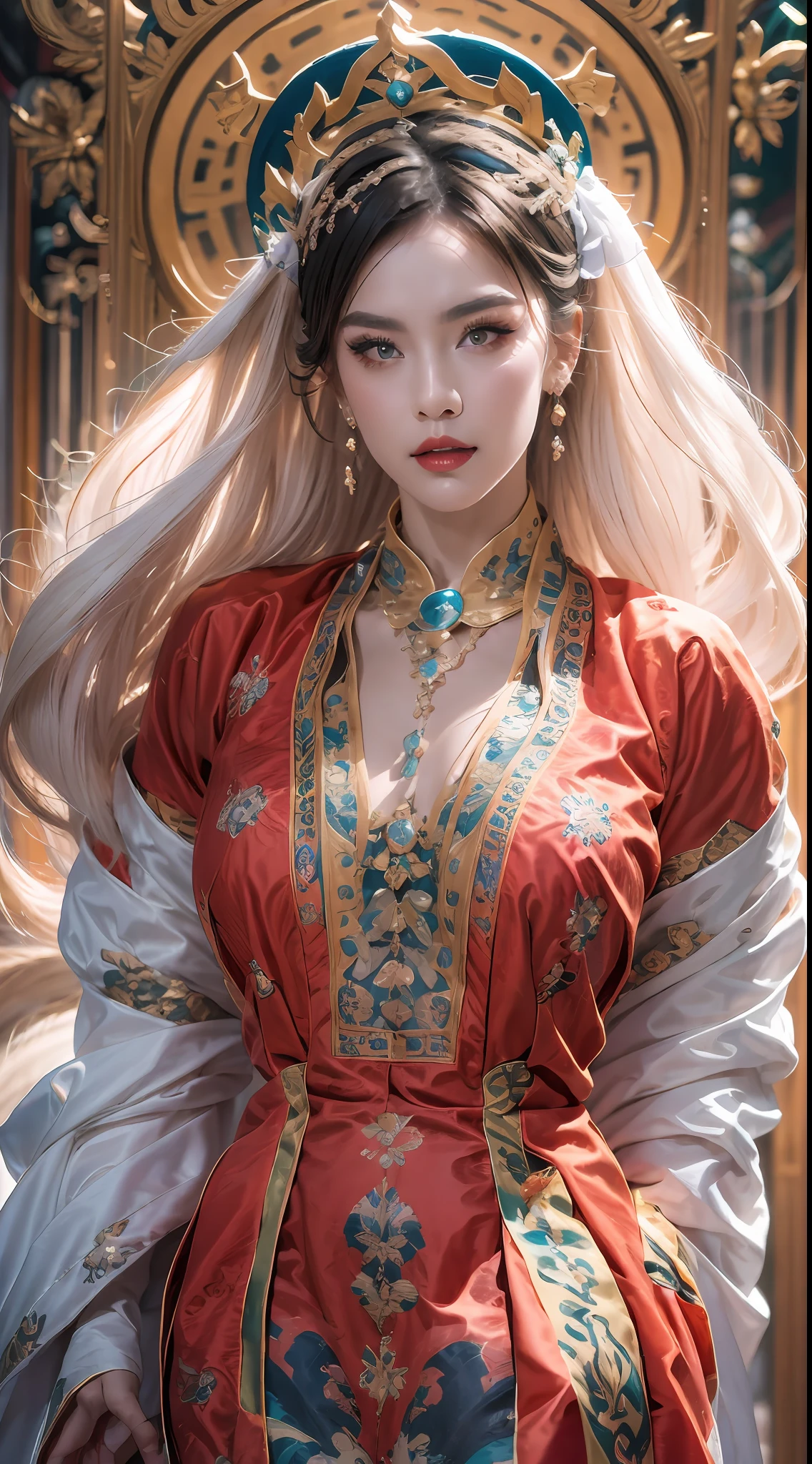 portrait of a beautiful 20 year old holy woman, wearing a thin multicolored silk dress, beautiful face without blemishes, ((natural smile:0.3)), Mouth closed, ((7-color hair length:1.2)), big crown, hair brooch, hanfu dress, chinese ancient style, full body jewelry, forehead tattoo, super even chest, face, red lips, delicate pink and white eyes (white and detailed) cinematic, light and dark, dramatic lighting, magical light, extremely detailed light, true color, super sharp, realistic, 8k quality, fantasy universe background, saints and magical space, the most detailed images, Exhibition photo, awarded, Eye-catching bright tone effect,