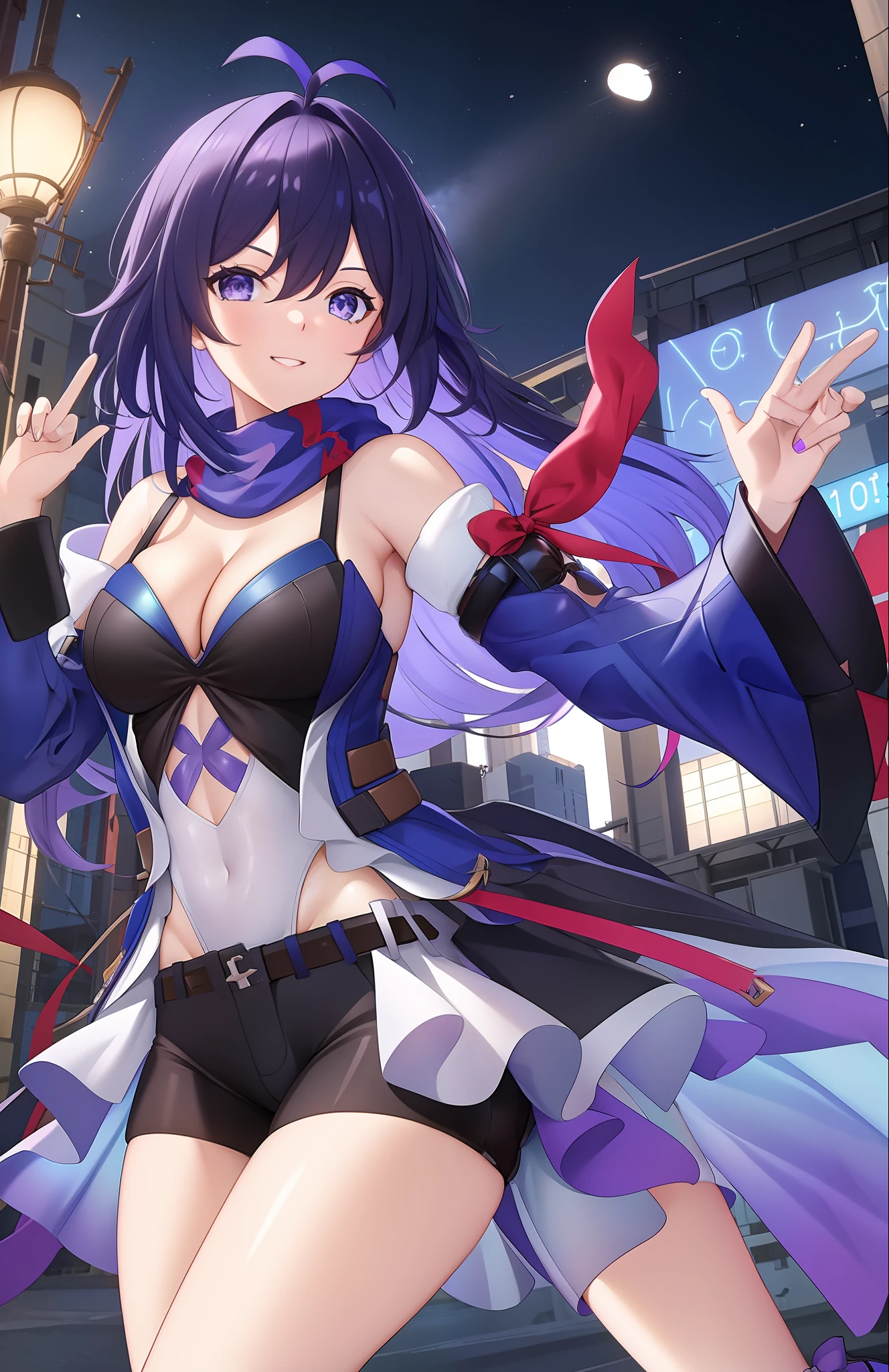 ((masterpiece)), (best quality:1.7), (detailed:1.4), (high res:1.4), 8k, (colorful:1.5), 2d, high resolution, sharped image, 4k, hd, seele(honkai star), 1girl, (((solo))), purple hair, purple eyes, long hair, croptop, looking at viewer, shorts, thights, high heels, bare stomach, medium breasts, bare stomach, curvy body, city, street, antenna hair, bare legs, cowboy shot, body on all frame, cleavage, v symbol, peace symbol, ((dress)), navel, white leotard, belt, mole, ((open clothes)), scarf, thigs, happy, sci fi city,