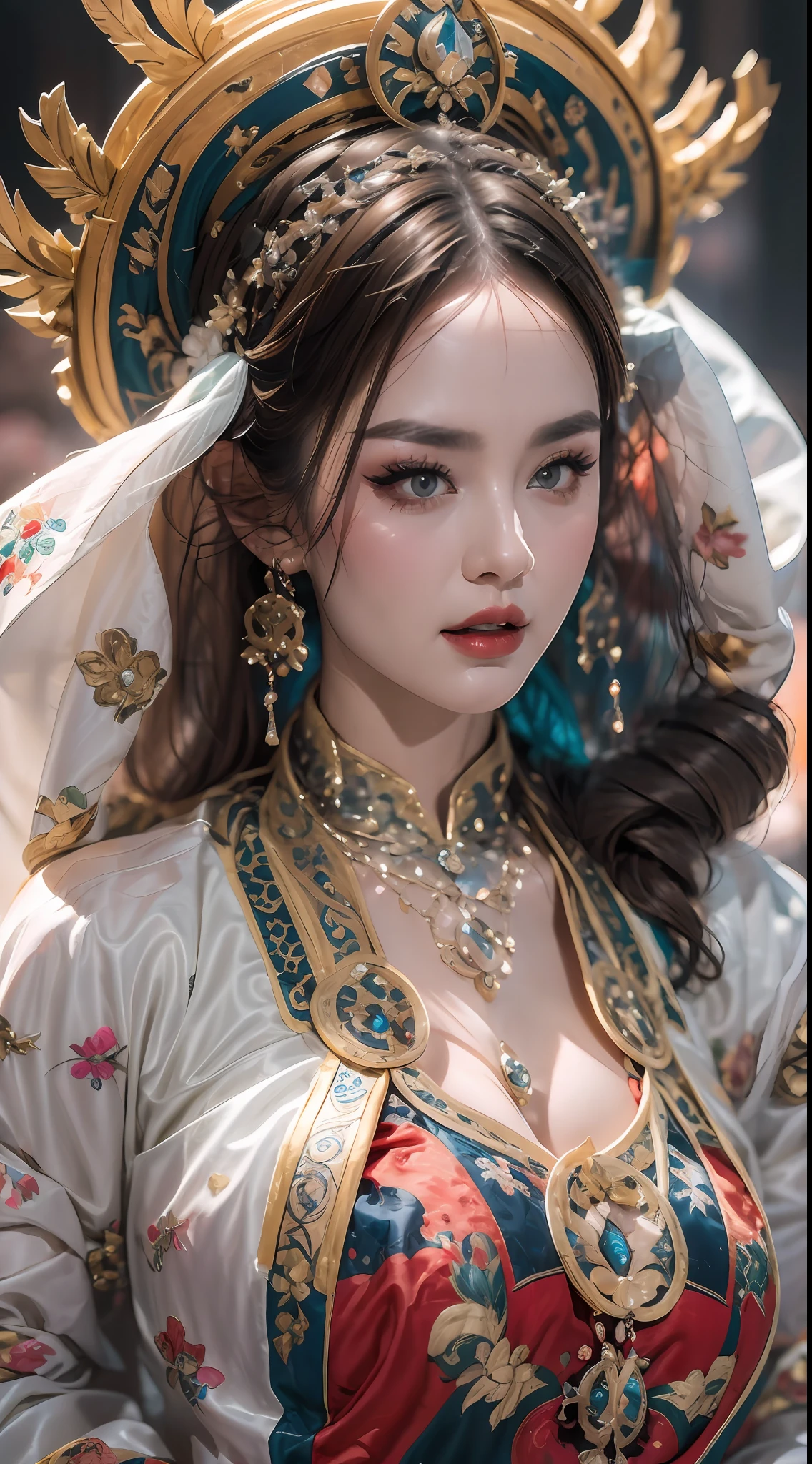 portrait of a beautiful 20 year old holy woman, wearing a thin multicolored silk dress, beautiful face without blemishes, ((natural smile:0.3)), Mouth closed, ((7-color hair length:1.2)), big crown, hair brooch, hanfu dress, chinese ancient style, full body jewelry, forehead tattoo, super even chest, face, red lips, delicate pink and white eyes (white and detailed) cinematic, light and dark, dramatic lighting, magical light, extremely detailed light, true color, super sharp, realistic, 8k quality, fantasy universe background, saints and magical space, the most detailed images, Exhibition photo, awarded, Eye-catching bright tone effect,