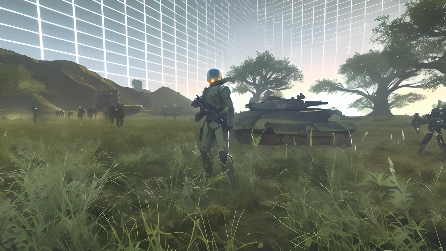 There are a lot of people walking in the fields，The background is tanks, on an alien grassland, clothed in sci-fi military armor, standing in a barren field, futuristic battlefield, standing in wasteland, alien forest in background, next to some alien plants, standing on a battlefield, sci-fi soldier, discarded mechsuit in background