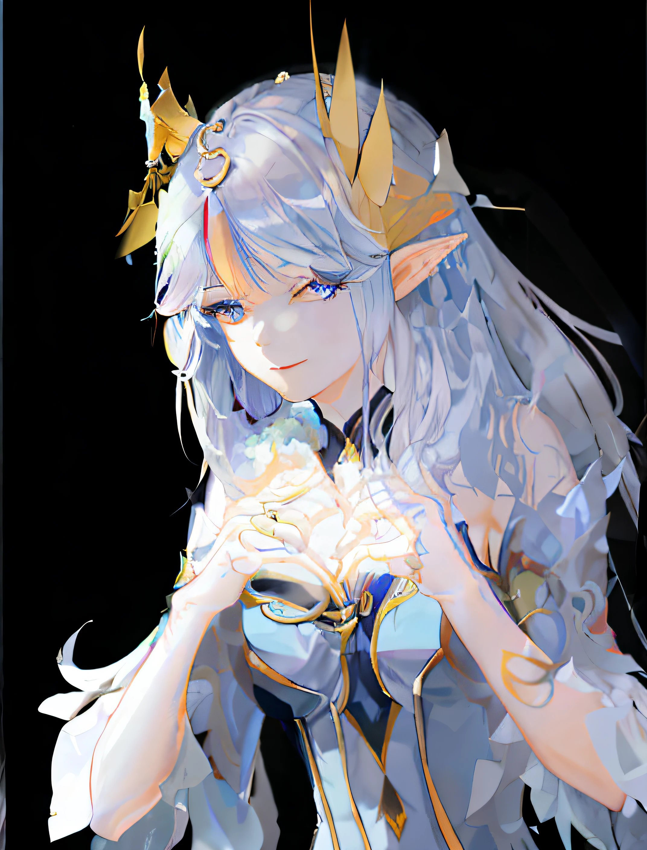 anime girl with blue hair and a crown on her head, Portrait Chevaliers du Zodiaque Fille, alluring elf princess knight, An elf queen, portrait of an elf queen, white-haired god, beautiful and elegant elf queen, knights of zodiac girl, she has elf ears and gold eyes, fairy queen, ((a beautiful fantasy empress)), elf princess knight, Elf Princess，hands crossed