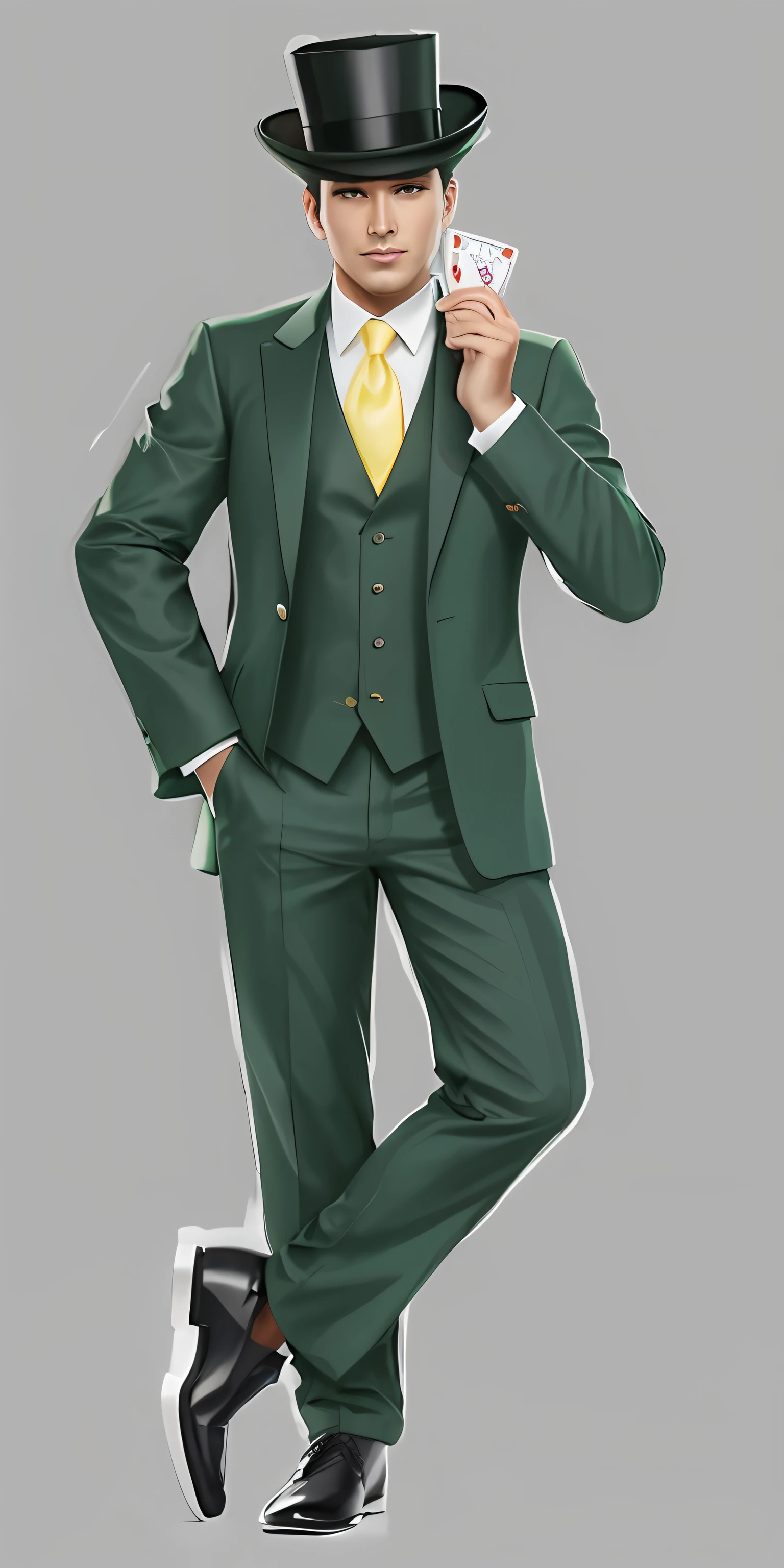 A man,facing at camera,Green gentleman's top hat,head bowed slightly,Green suit,Green jacket,White shirt,a yellow tie,Insert your right hand in your pocket,Playing cards in his left hand,Stand with your left and right feet crossed,Green trousers,Black leather shoes,超高分辨率,best qualityer,realisticlying,Character design,Simple gray background wall,