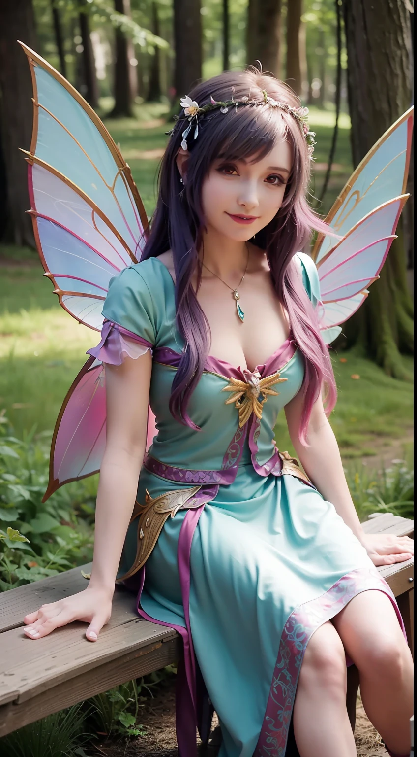 there is a woman that is sitting down on a bench,Dressed in fairy costumes, Anime cosplay, Anime girl cosplay, smiling as a queen of fairies, portrait of a fairy, Beautiful fairy, forest fairy, fairy core, faeries, beautiful fairie, beautiful adult fairy, Gorgeous Role Play, portrait of fairy, astral fairy, fairy queen, cosplay, cosplay foto