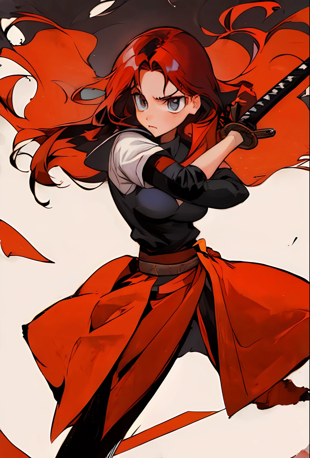 Red-haired, Long-haired, Swordsman, 1 female, Medium Tits, Frightened pose