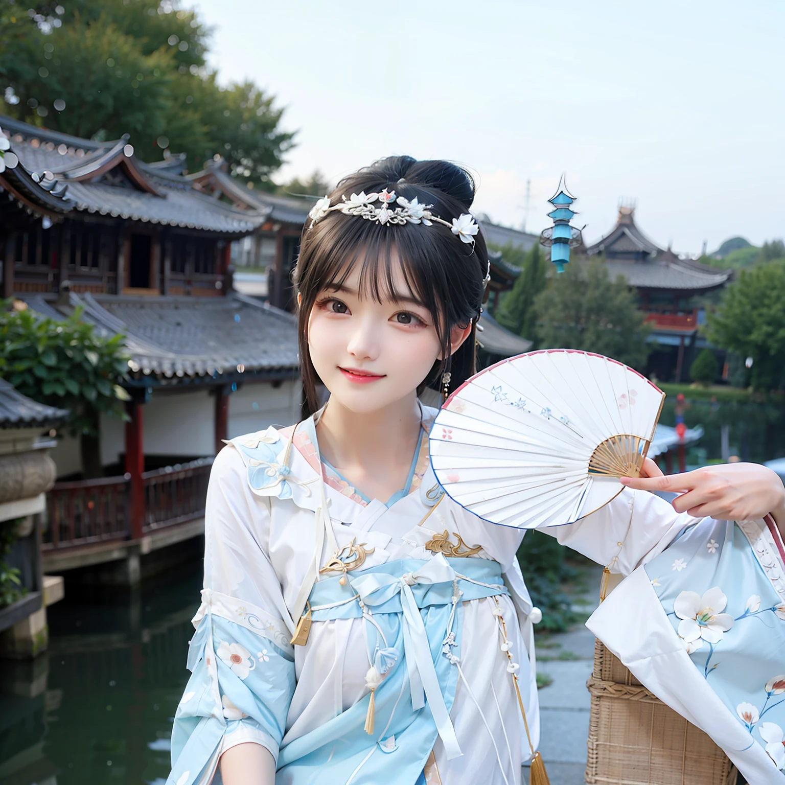 There was a woman in a blue dress holding a fan, White Hanfu, Palace , A girl in Hanfu, Wearing ancient Chinese clothes, Hanfu, with acient chinese clothes, Traditional Chinese clothing, Chinese costume, Chinese traditional, with ancient chinese aesthetic, Princesa chinesa antiga, Chinese girl, Chinese style, white hime cut hairstyle, Traditional beauty, China Princess