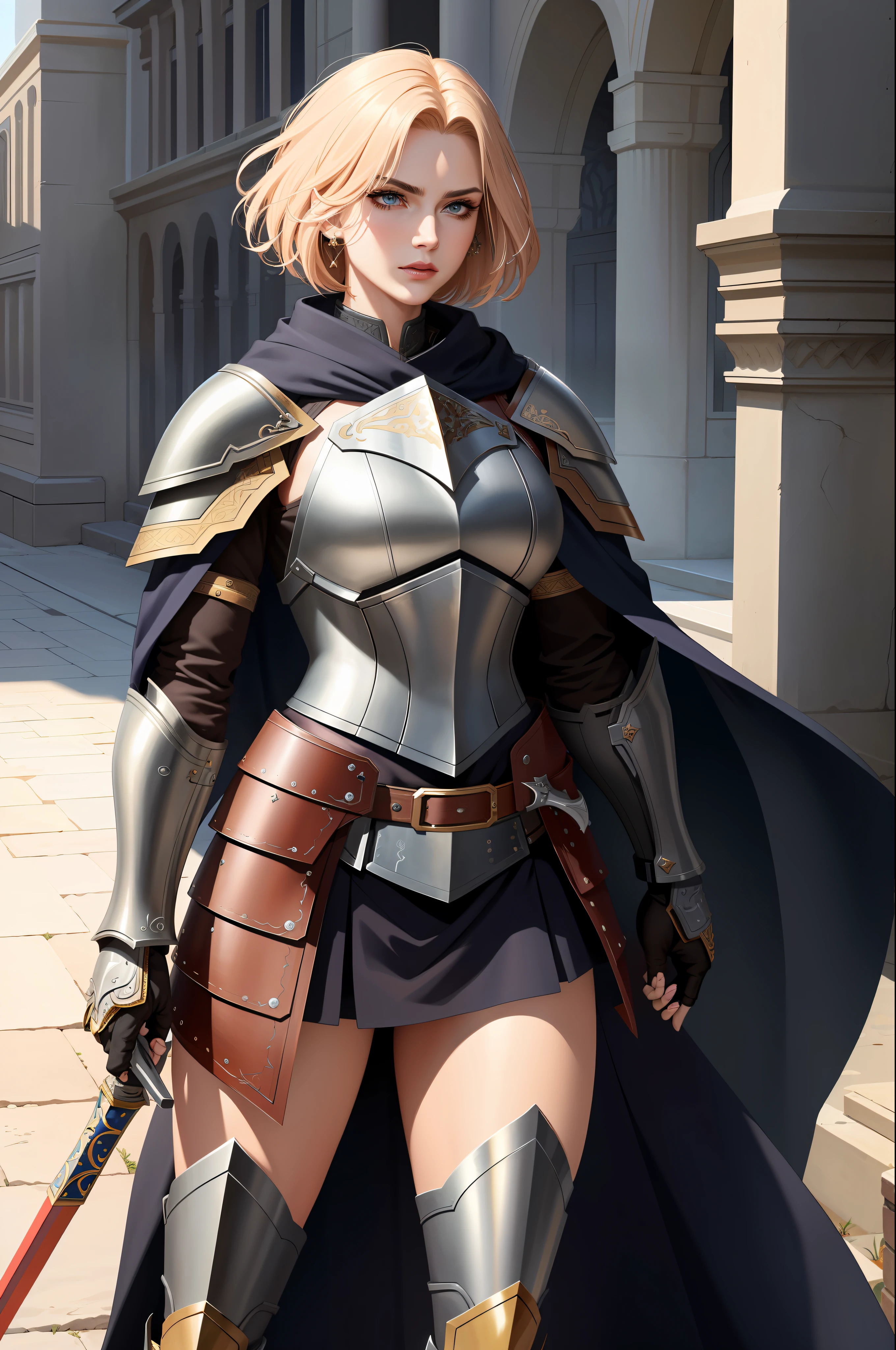 (masterpiece:1.2), (best quality:1.2), perfect eyes, perfect face, volumetric lighting, 1girl, tall mature female warrior, muscular, short hair, heavy armor, huge pauldrons, gauntlets, cloak, belt, spear, skirt, stern expression, makeup, lipstick, eyeshadow, mascara, thick eyelashes, dark fantasy, outdoor, detailed background, hand on hip