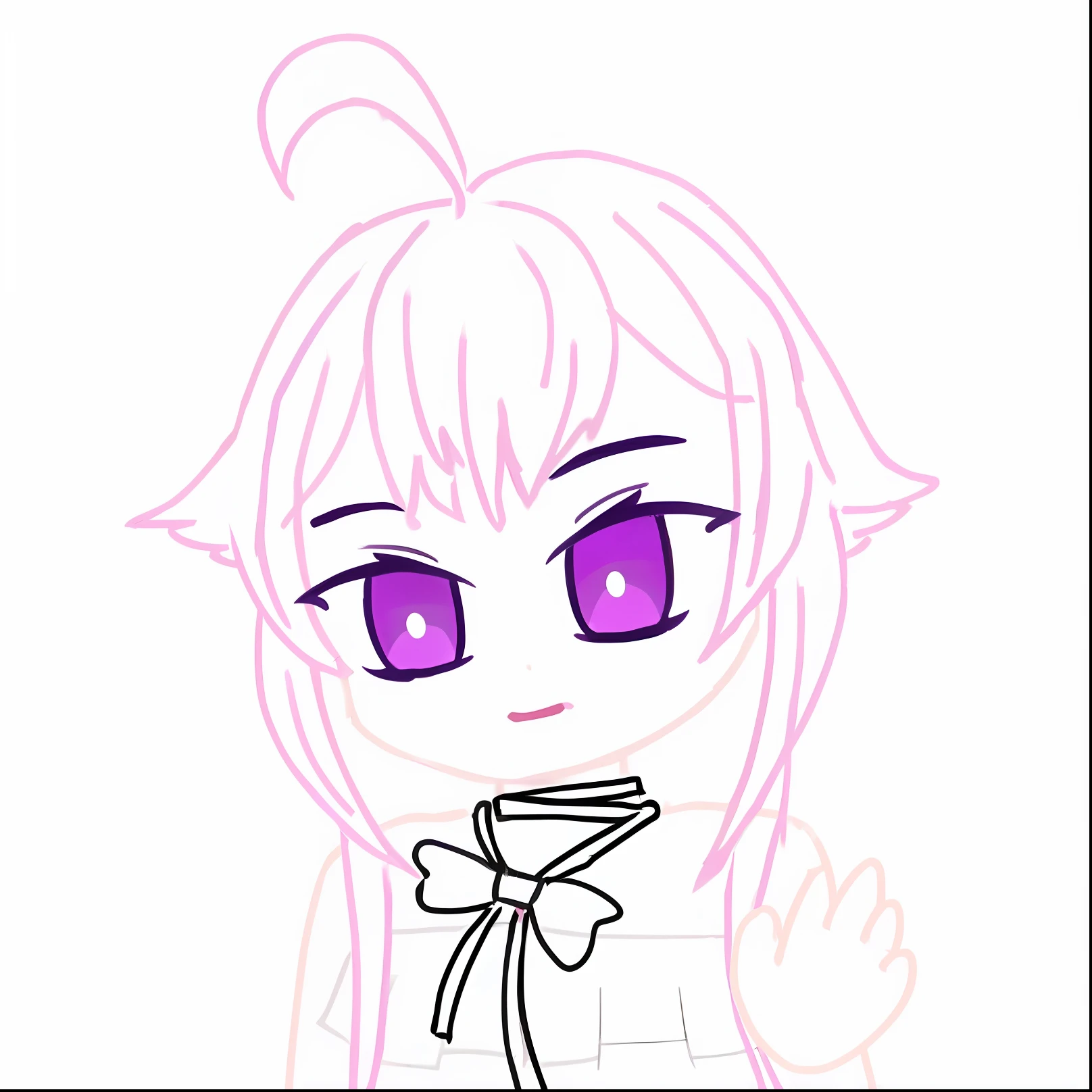 Draw a girl with purple eyes and a bow tie, holding a pudica pose, clean anime outlines, flat anime style shading, in an anime style, with glowing purple eyes, Simple lines of art, In anime style, line art in colour, no shade, cel - shaded art style, line art in colour, Anime Stylization, anime moe art style