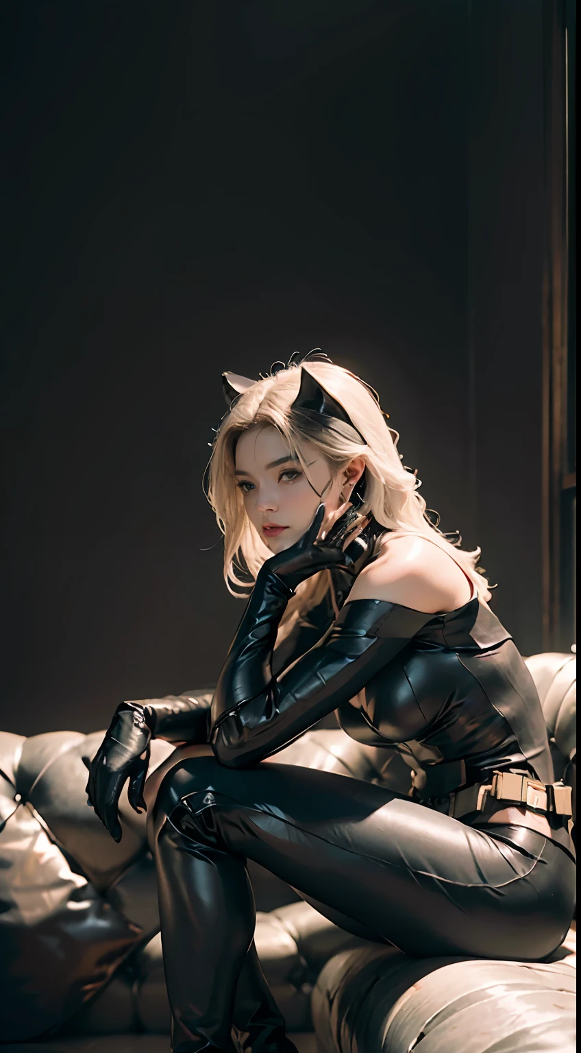 RAW, Masterpiece, Ultra Fine Photo,, Best Quality, Ultra High Resolution, Photorealistic, Sunlight, Full Body Portrait, Stunningly Beautiful,, Dynamic Poses, Delicate Face, Vibrant Eyes, (Side View) , she wears futuristic Batman costume, skinny leather pants, turtleneck top, off shoulders, Batman ears, sitting on a leather sofa, very detailed background, detailed face, detailed busy background, messy, gorgeous, Milky white, high detailed skin, realistic skin detail, visible pores, sharp focus, volumetric fog, 8k uhd, dslr, high quality, film grain, fair skin, photorealism, lomography, in a future dystopia sprawling metropolis, seen from below, translucent
