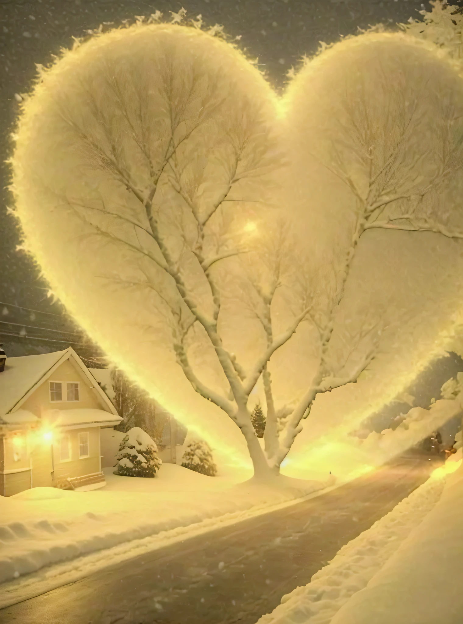 (masterpiece),(best quality),Shiny snow,Beautiful heart-shaped tree,The snow shines,is a stunning,Gorgeous,Double Love Exposure,Beauty in a blizzard,enchanting glow,The beauty of art,perfect litthing,Gently falling snowflakes,Stunning beautiful picture,Real photos