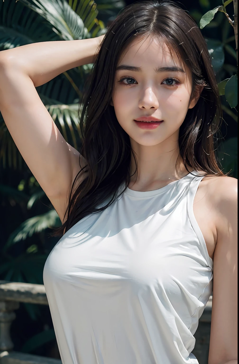 (Ultra Realistic), (Illustration), (High Resolution), (8K), (Very Detailed), (Best Illustration), (Beautiful Detailed Eyes), (Best Quality), (Ultra Detailed), (Masterpiece), (Wallpaper), (Detailed Face), Night, Upper Body Up,Armpits, Smile,Plump,Solo,Simple White T-Shirt Girl, Sweaty, Japan Person, Big, (Camel Toe)