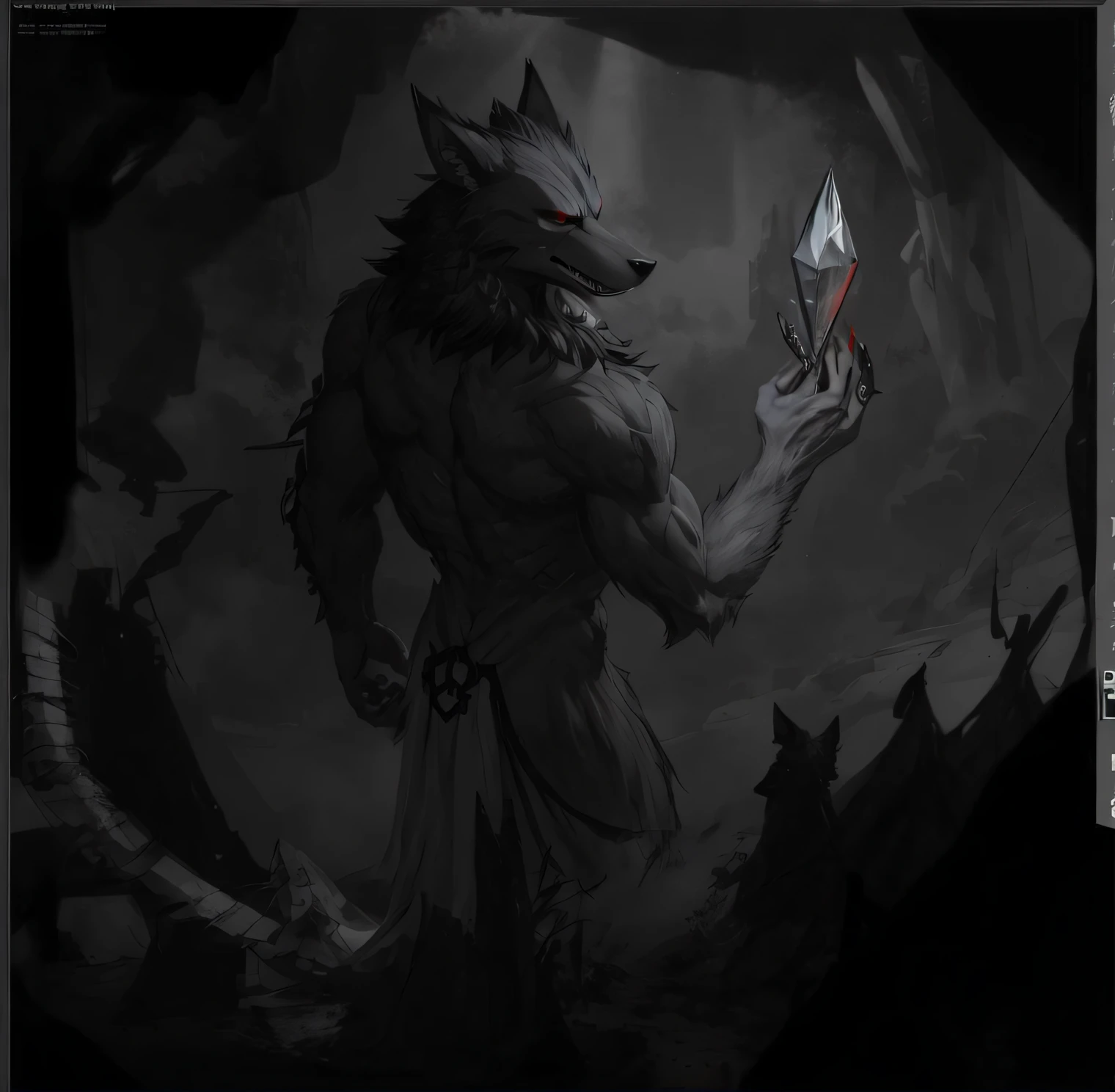 A top-down perspective,A painting of a monster showing a crystal in his hand, Black-red dark tones,Snake tongue,Two eyes,dark high-contrast concept art, dark concept art, a minotaur wolf, an anthro wolf, beastman concept, creepy explorer sketch, anthro concept art, old sketch, dark fantasy concept art, anthro art, demon-fang gnoll,