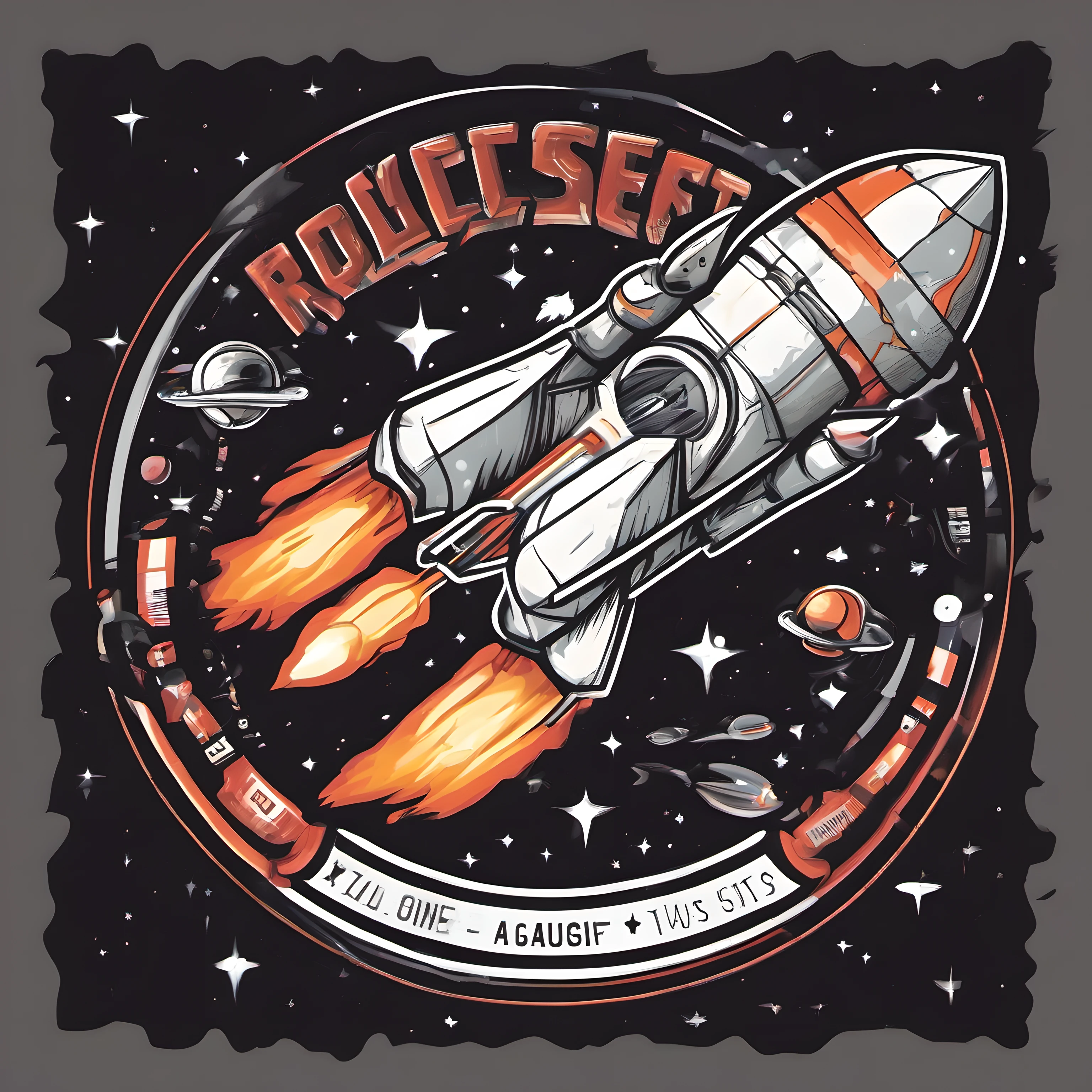 very details rocket launch ,lost in galaxy background, Tshirt design, streetwear design, pro vector, full design, solid colors, no shadows, full design, warm colors, sticker, bright colors, black background, (t-shirt design), text, spaceship, astronaut
