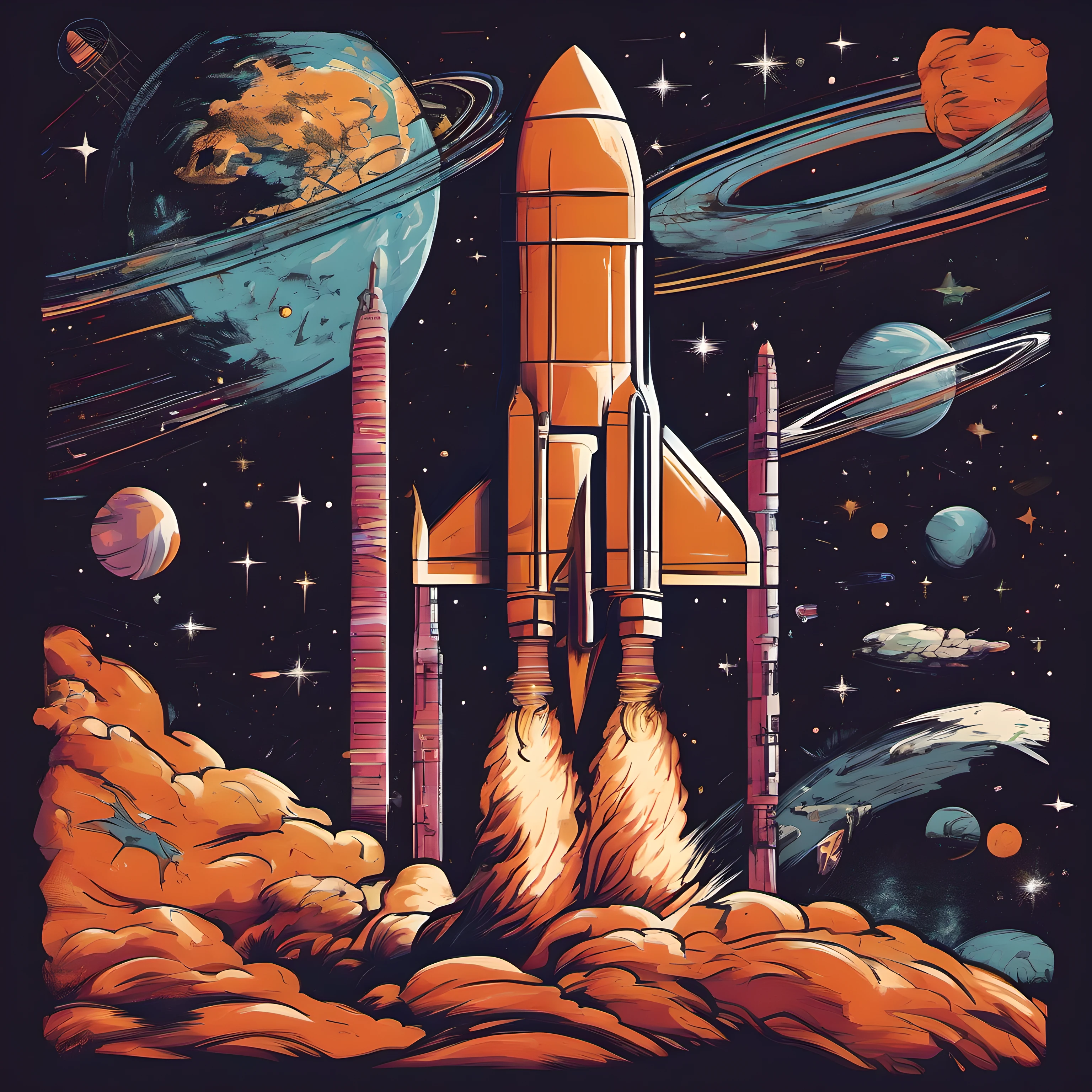 very details rocket launch ,lost in galaxy background, Tshirt design, streetwear design, pro vector, full design, solid colors, no shadows, full design, warm colors, sticker, bright colors, black background, (t-shirt design), text, spaceship, astronaut