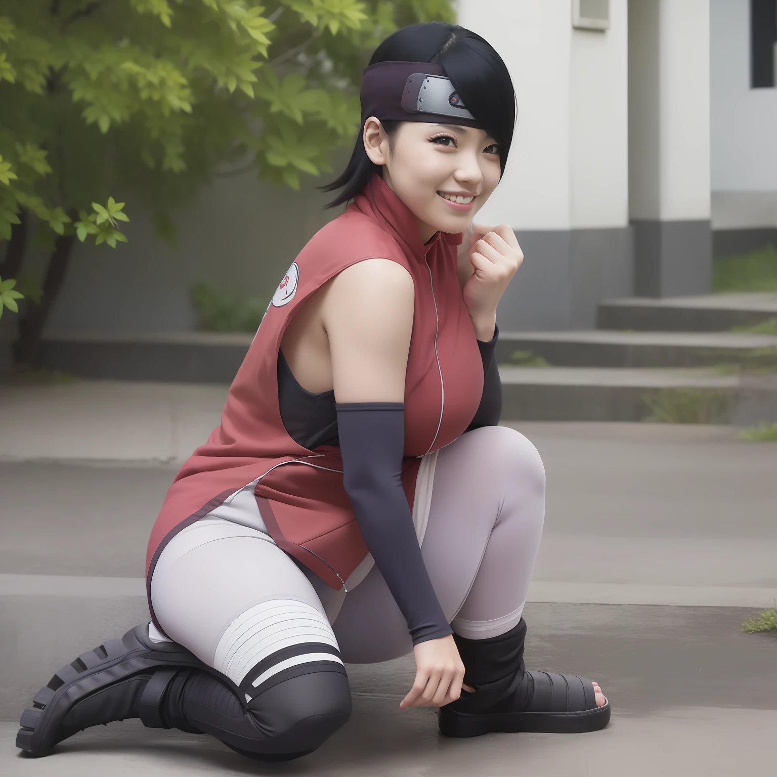 highest quality, best quality, 1girl, solo, huge breasts, breast press, wide hips,
uchiha sarada,black eyes, black hair,  grin, sexy,full body,18 years,cantik,