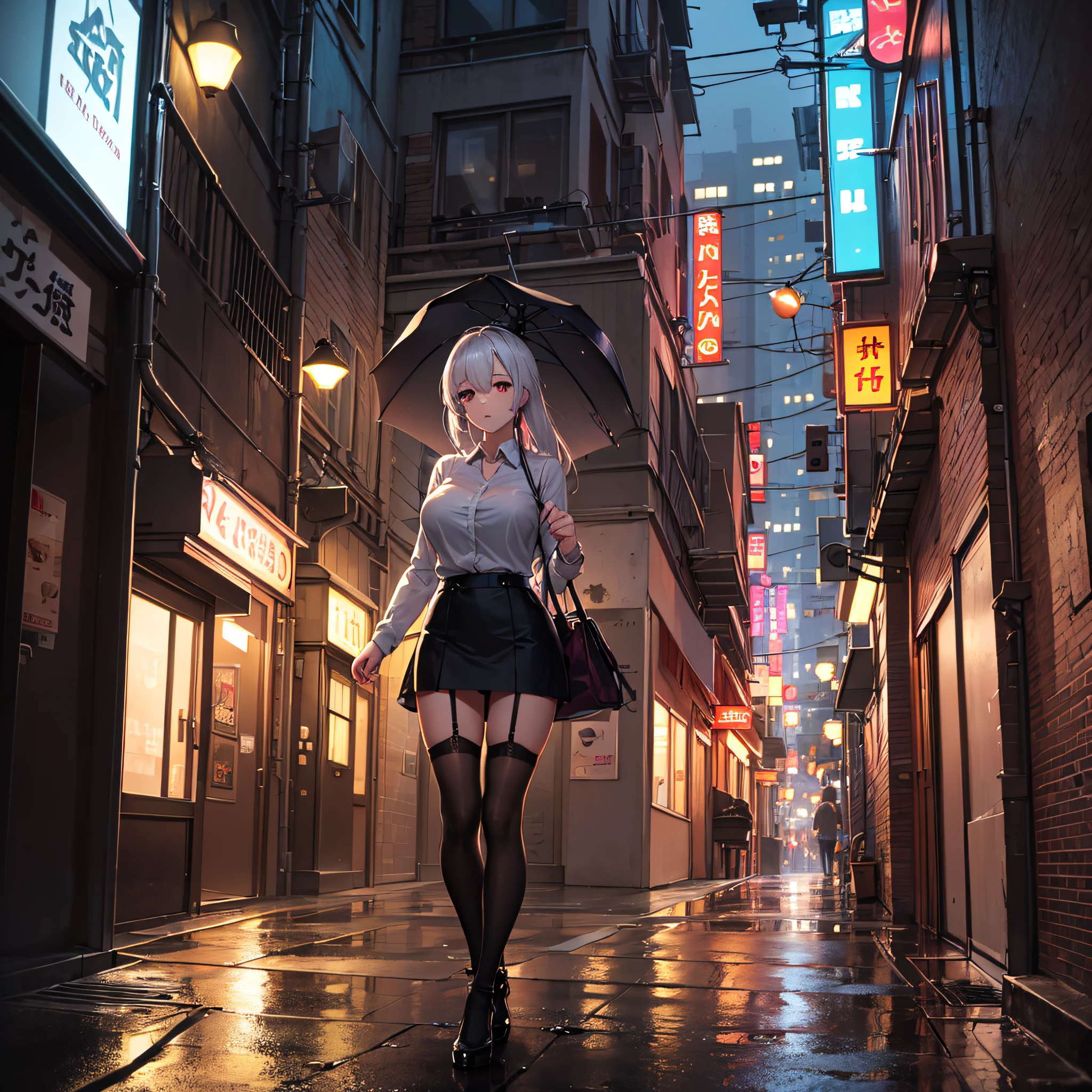 （best qualtiy, tmasterpiece：1.3）, 1girll, Rainy days, Mist, alleys, Umbrellas, huge breasts1.2, Transparent umbrella, looking at viewert, whaite hair, facing the photo, Cyberpunk-city, Alone in the alley, Neon lights in the alley, Very reflective city, long whitr hair, Hair-sized strands cross the alley, Riman, jpn, toyko, Garter belt on one leg, Knee pads on the other leg, perfect hand, delicated, In the daytime, s the perfect face