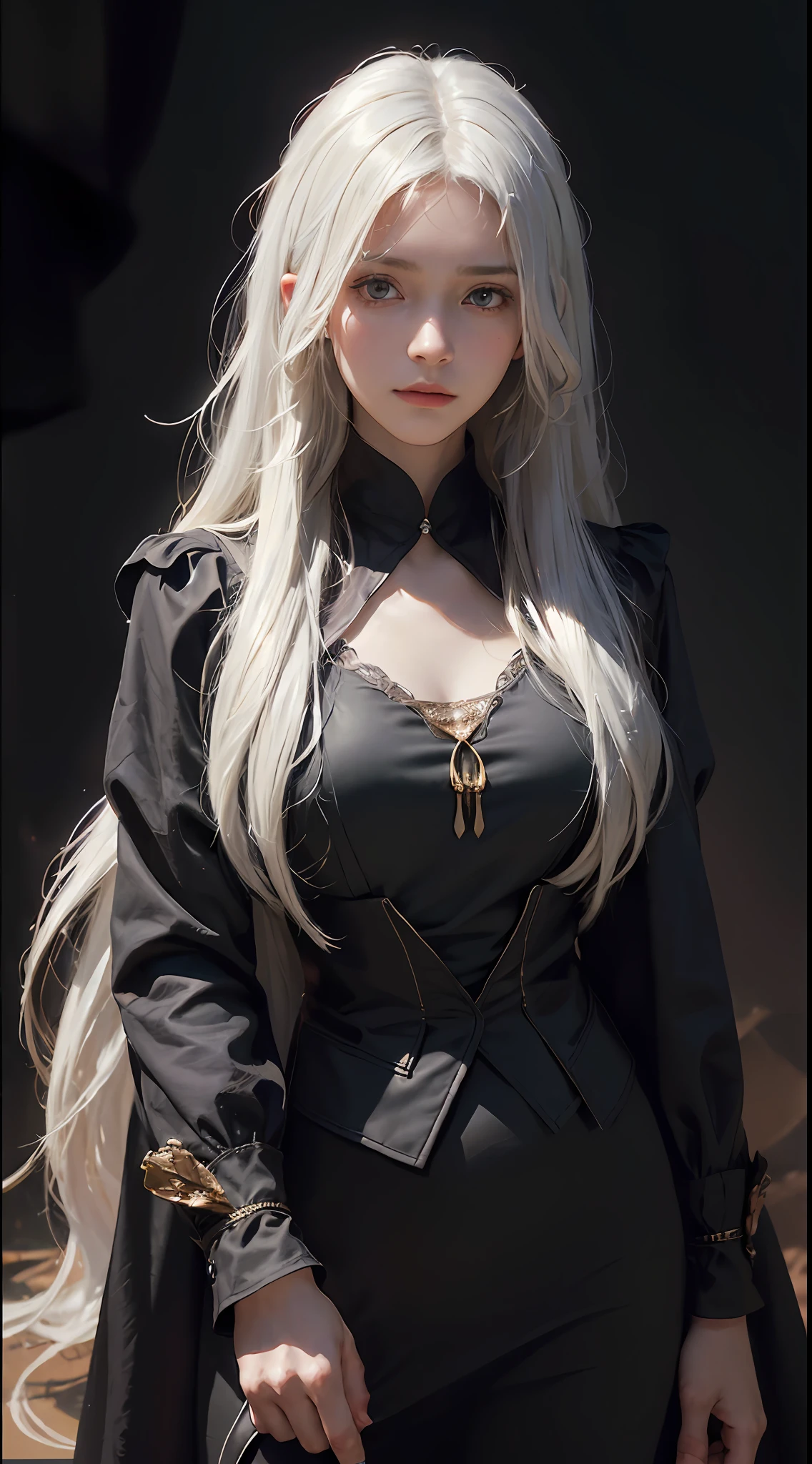 (front focus),(in the dark:1.6), Hyperrealist portrait of female by david hockney and alphonse mucha,fantasy art, photo realistic, dynamic lighting, artstation, poster, volumetric lighting, very detailed faces, 4 k, award winning,, 1girl, in the dark, deep shadow, low key,cowboy shot,(official clothing:1.4) ,long hair,white hair,