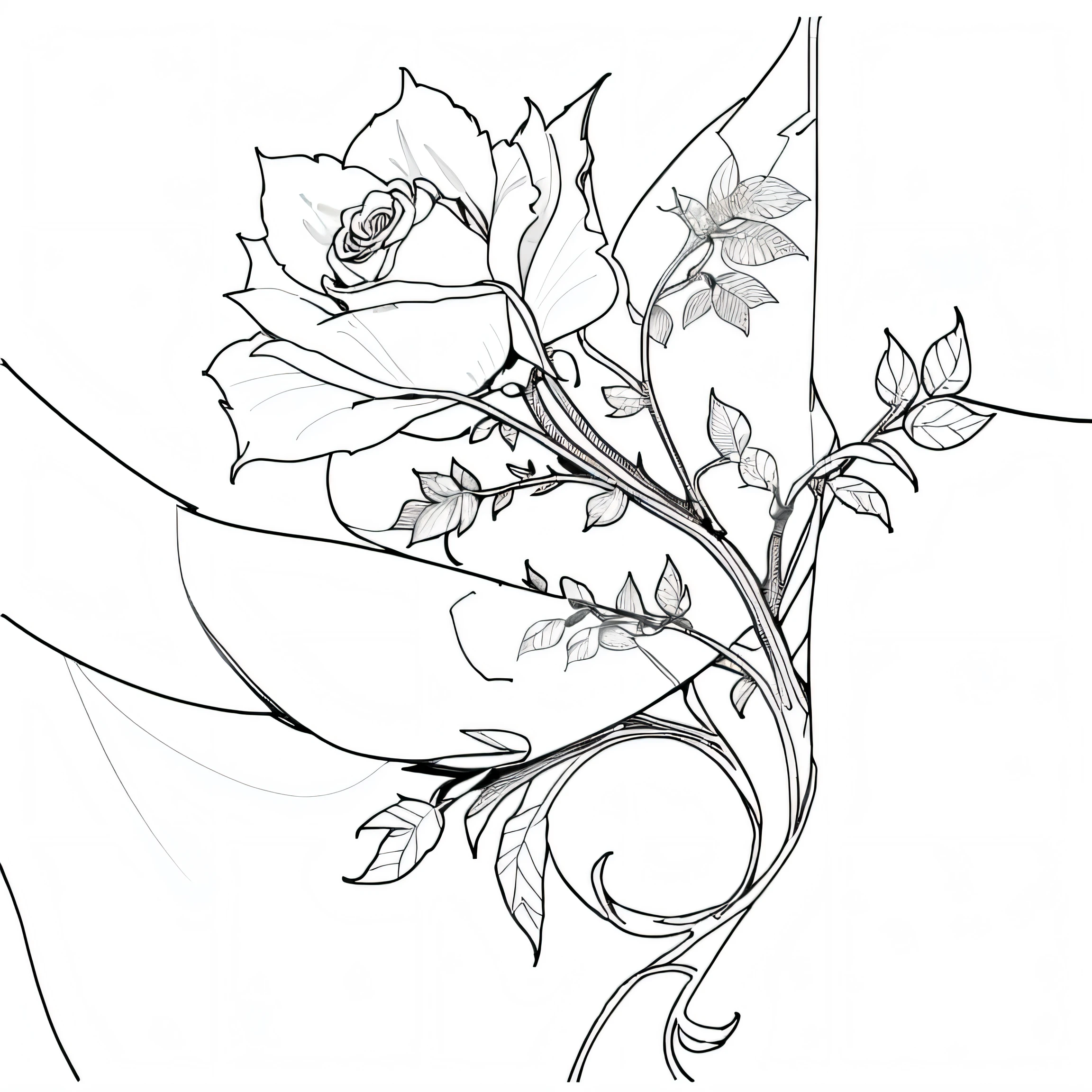 a drawing of a rose with leaves on a white background, single line drawing, black ink line art, Simple line art, black on white line art, Black line art, drawn with a single line, line art colouring page, Coloring book outline, Line art, line drawing tattoos, Line drawing, outlined hand drawn, thin line art, intense line art