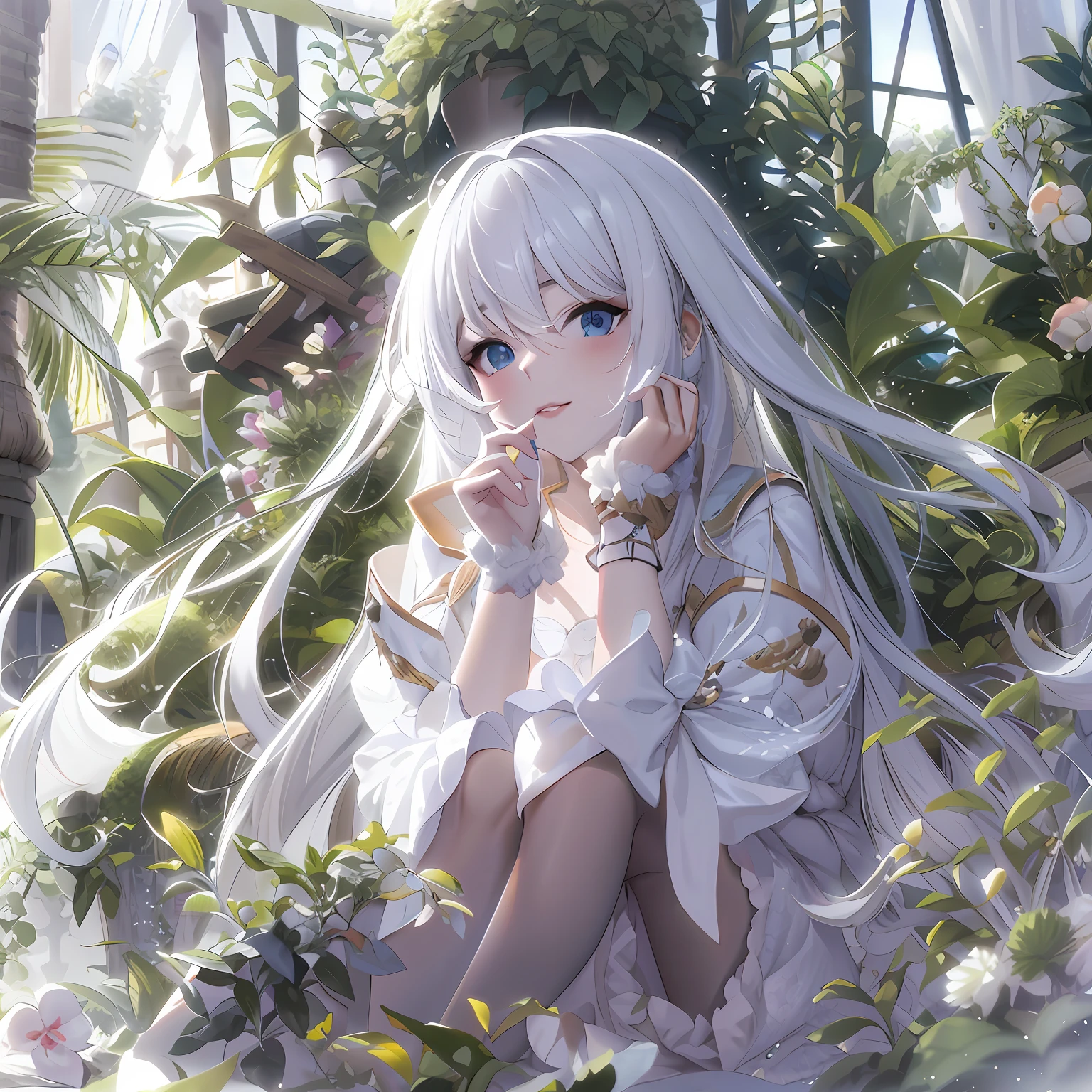 Anime girl with long white hair sitting in the garden, Girl with white hair, beautiful fantasy anime, white-haired god, Guweiz in Pixiv ArtStation, Guweiz on ArtStation Pixiv, ethereal anime, style of anime4 K, Anime art wallpaper 4 K, Anime art wallpaper 4k, Perfect white haired girl, 4K anime wallpaper, Beautiful anime
