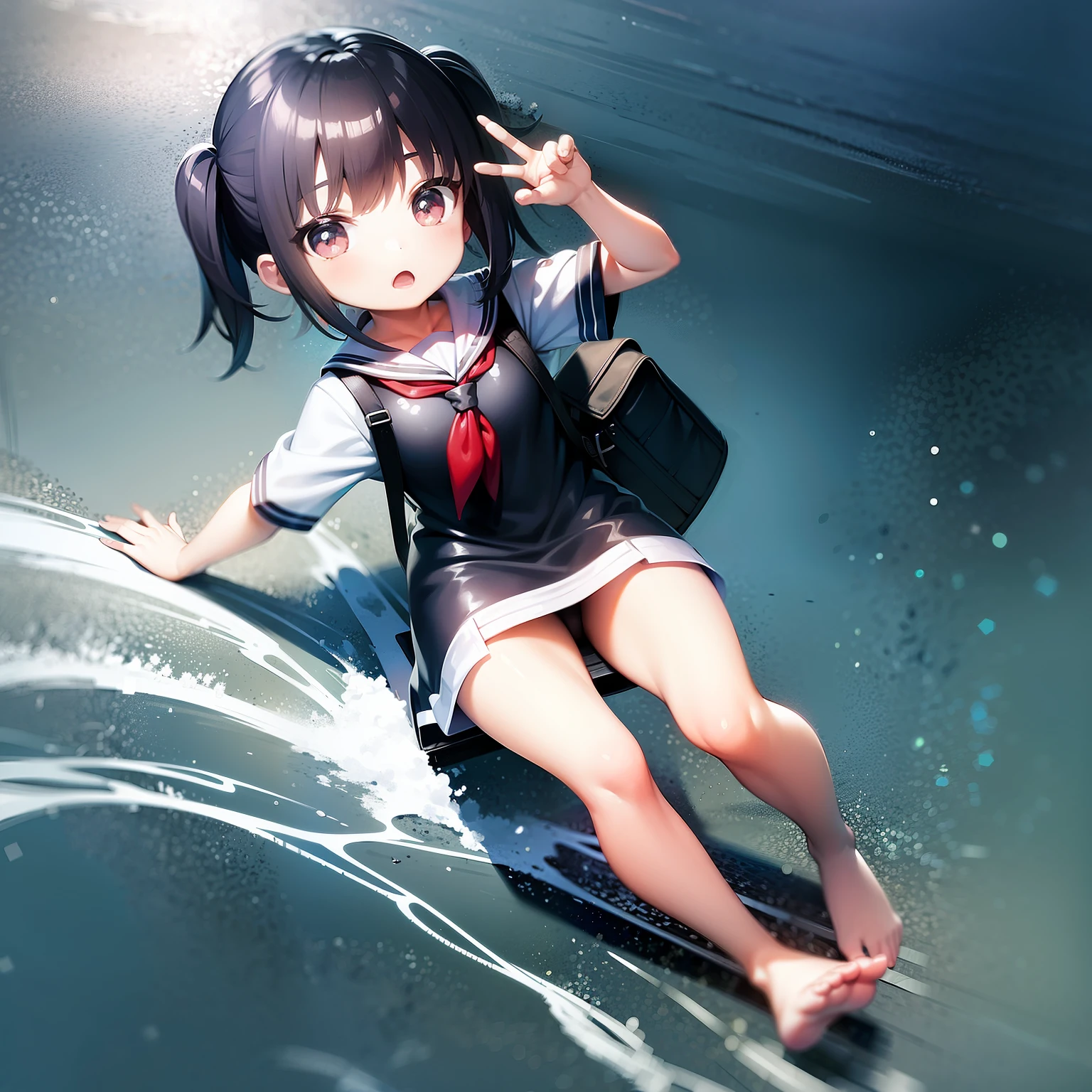 On flooded streets，1 girl surfing with a school bag，chibi girl，Plastic cover，Full body like，Moe new big head