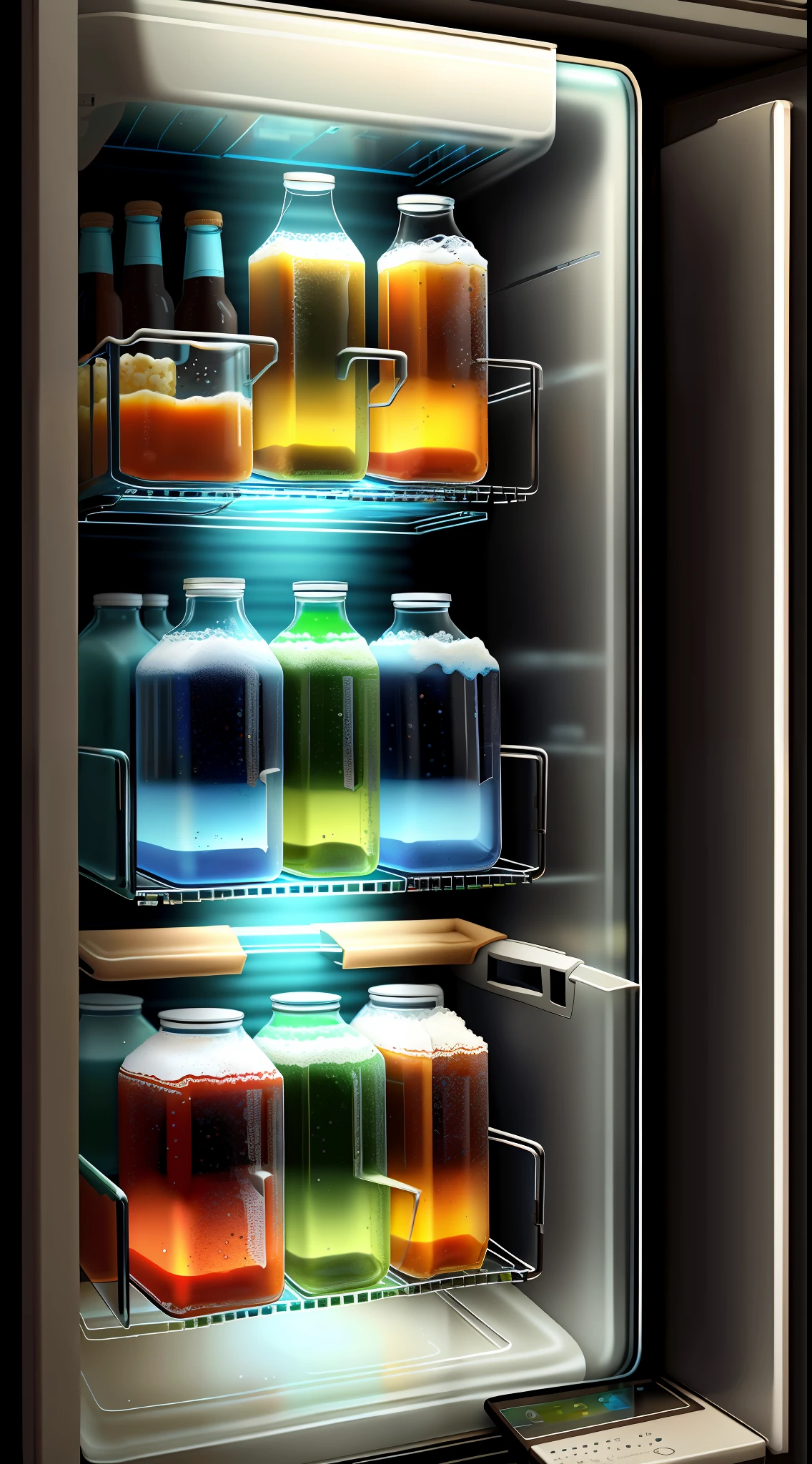 Glass technology，sci-fy，Transparent single-door refrigerator，The transparent refrigerator is stocked with a variety of beers，detailedbackground