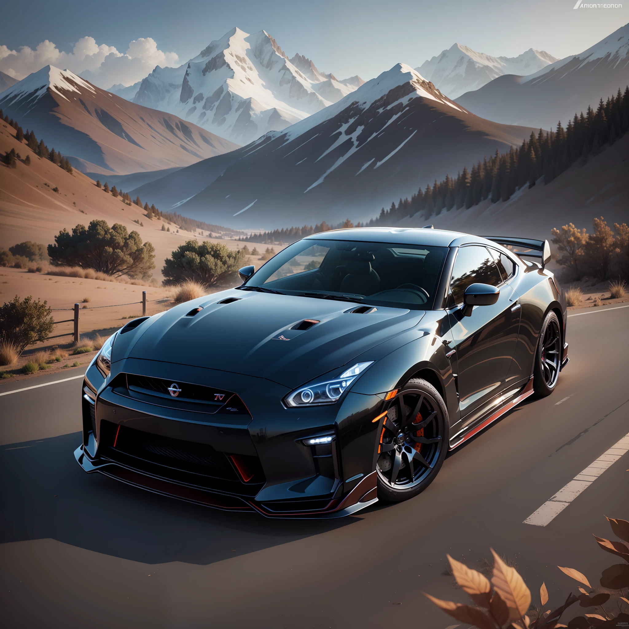 "Beautiful mountain landscape with a stunning Nissan GTR customized with a shiny body kit, intricately detailed and lifelike."