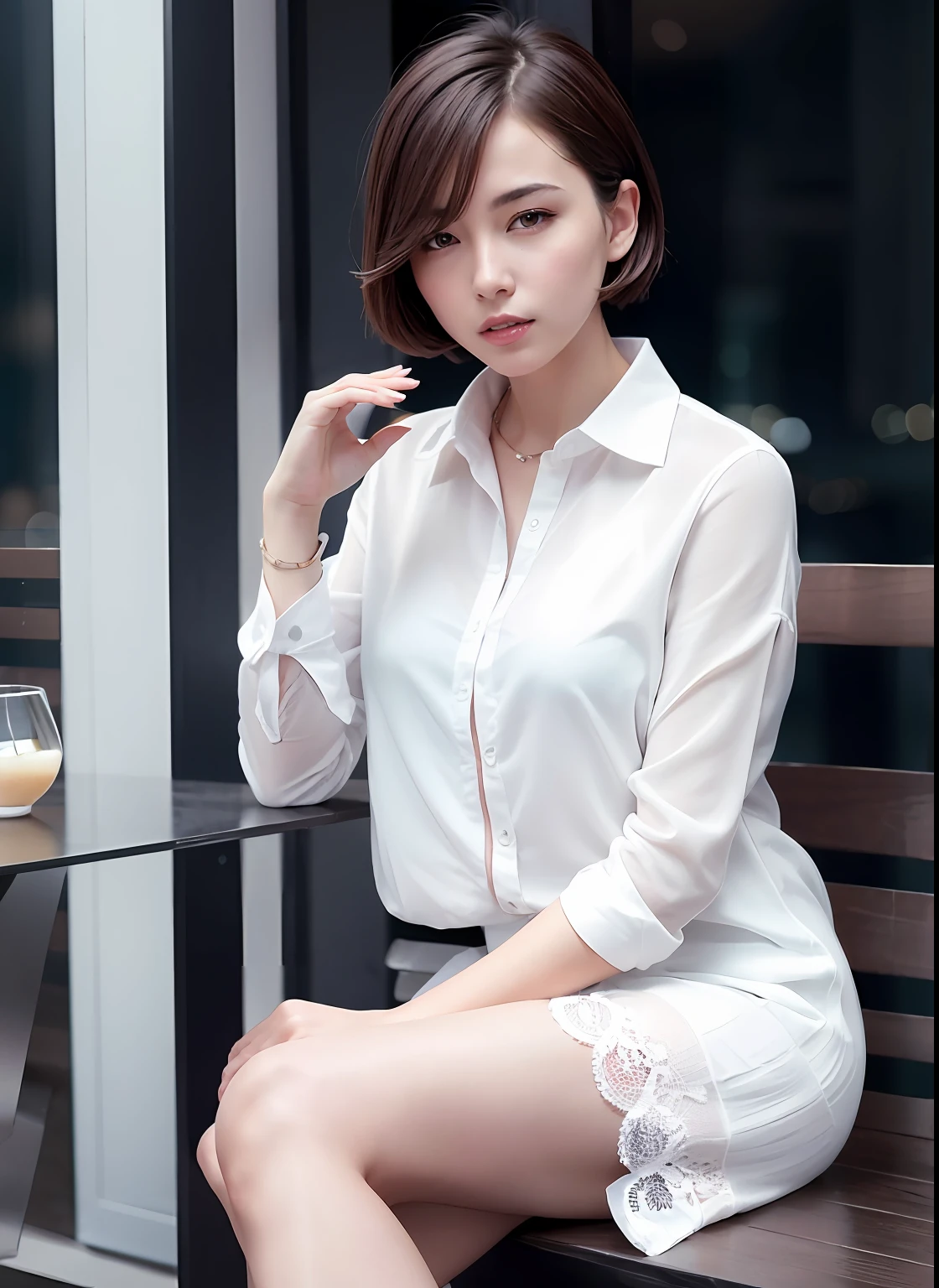 (8k, Best Quality, Masterpiece: 1.2), (Realistic, Photorealistic: 1.37), Super Detailed, 1 Girl, Cute, Alone, Beautiful Detailed Sky, Detailed Cafe, Night, Sitting, Date, ( Nose blush), (smile: 1.15), (close mouth) small breasts, beautiful details, (collared shirt: 1.1), night, wet, business wear, rain, white lace, (short hair: 1.2), floating Hair NovaFrogStyle,