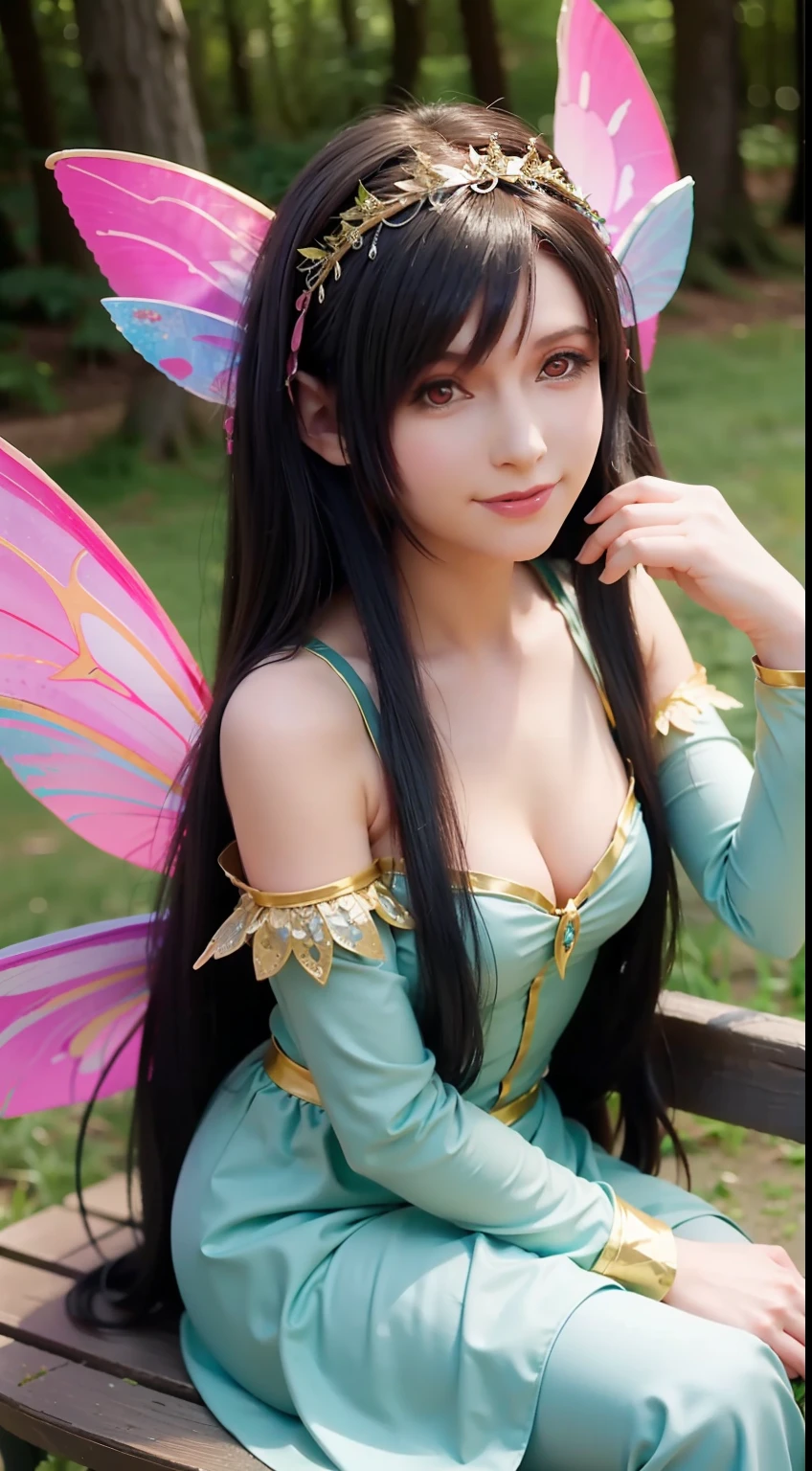 there is a woman that is sitting down on a bench，Dressed in fairy costumes, Anime cosplay, Anime girl cosplay, smiling as a queen of fairies, portrait of a fairy, Beautiful fairy, forest fairy, fairy core, faeries, beautiful fairie, beautiful adult fairy, Gorgeous Role Play, portrait of fairy, astral fairy, fairy queen, cosplay, cosplay foto
