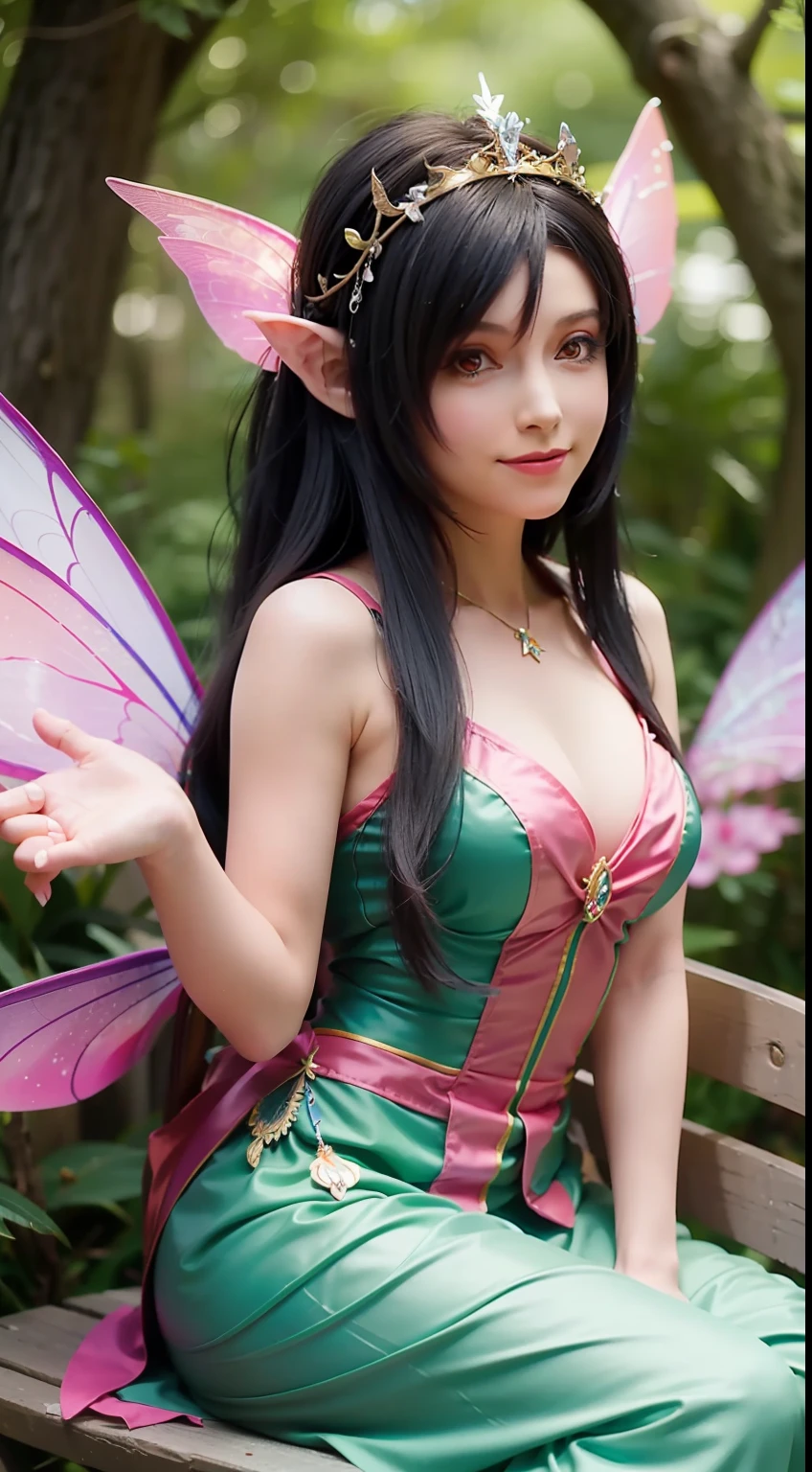 there is a woman that is sitting down on a bench，Dressed in fairy costumes, Anime cosplay, Anime girl cosplay, smiling as a queen of fairies, portrait of a fairy, Beautiful fairy, forest fairy, fairy core, faeries, beautiful fairie, beautiful adult fairy, Gorgeous Role Play, portrait of fairy, astral fairy, fairy queen, cosplay, cosplay foto