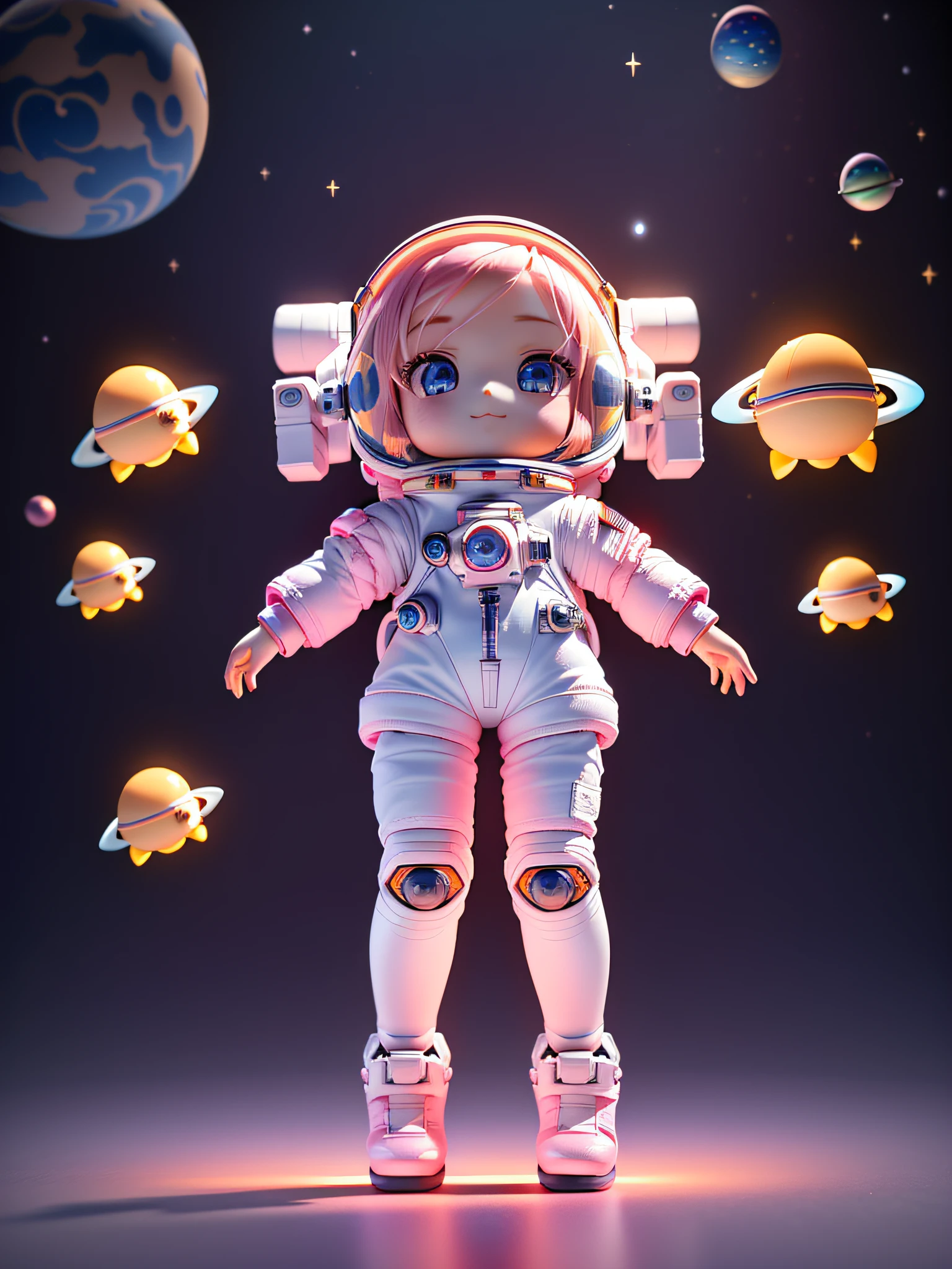 Super cute girl full body 3D picture, 1 pc, good looking eyes, big eyes, cute, happy, c4d, pop matt blind box, pink long hair, glowing bubbles, toys, solid color background, chibi, fluorescent translucency, luminous body, kawaii, doll, (((astronaut, spacesuit))), reference table, pop mart blind box, Pixar, complex details, 3d rendering, blender, OC renderer, fol body reference sheet, Dribble, High Details, 8K, Studio Lighting, Loli, Petite, Child, Chibi, SD characters: 1.1, Magic Space Warehouse background